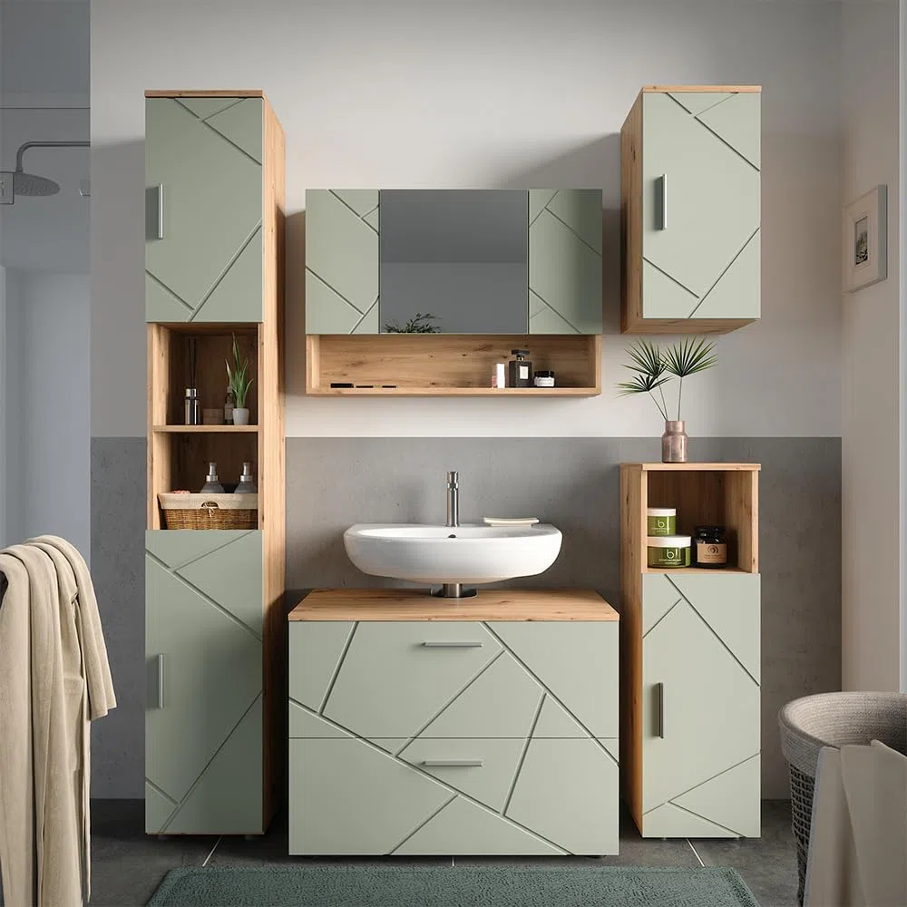 Vicco Armoire de Toilette Irma, Vert Sauge, 80.1x55cm, avec Miroir et étagères Ouvertes pour Montage Mural