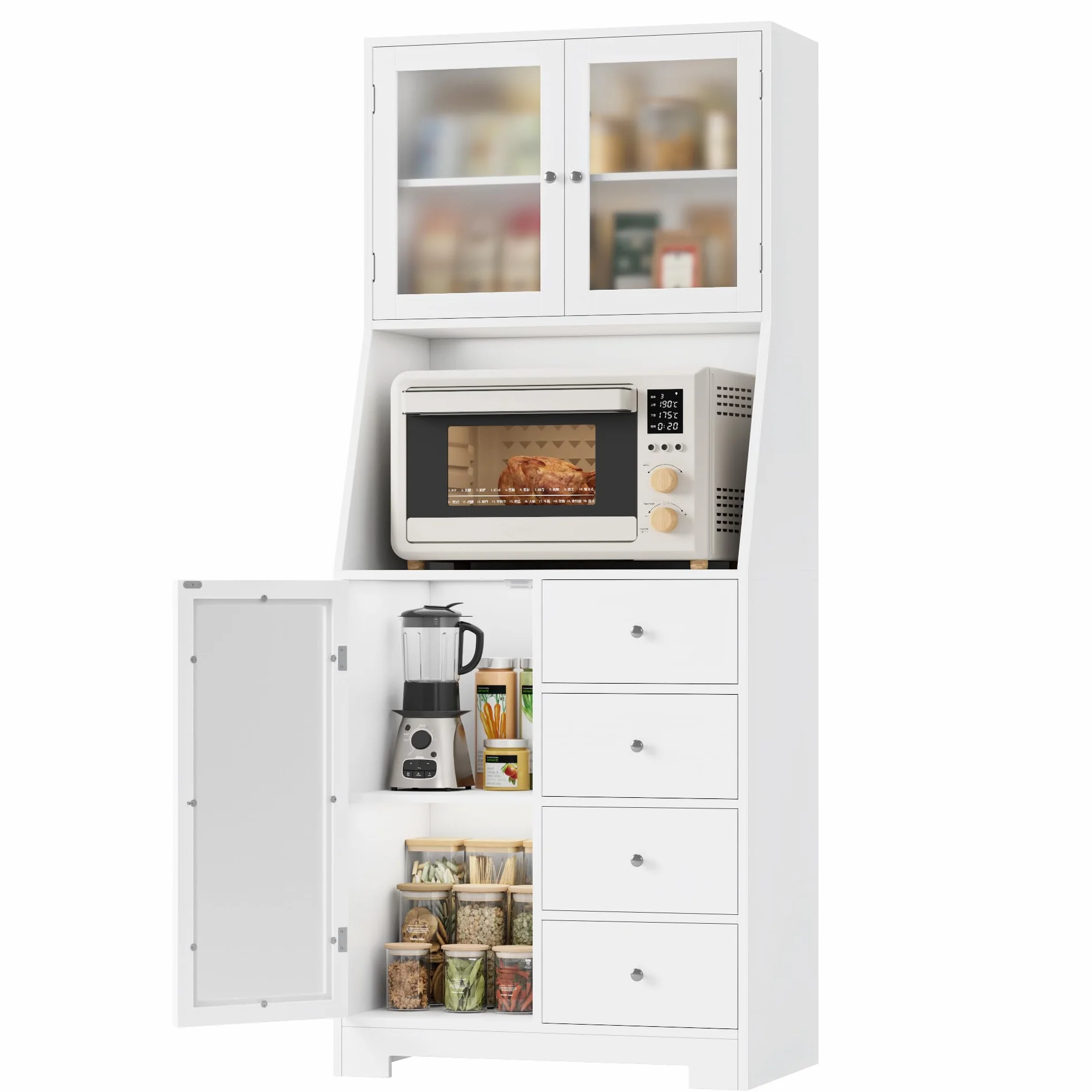 HOCSOK 163cm Armoire de Cuisine, Buffet Cuisine avec 3 Portes et 4 Tiroirs, Armoire Haute pour Salon, Salle à Manger, Bar, Style Moderne, Blanc