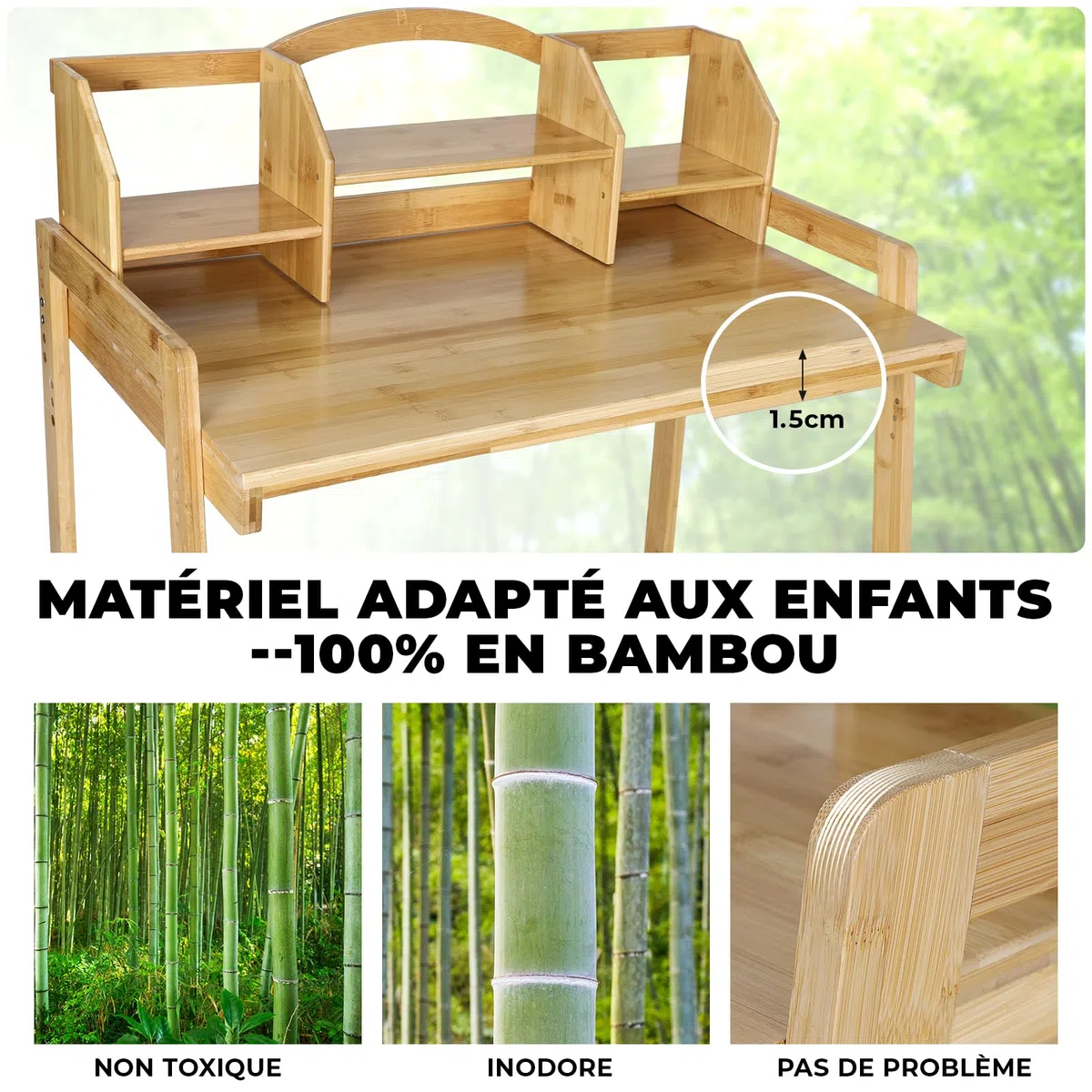 MAMIZO Bureau Enfant en Bambou, Ensemble Chaise Réglable, Support de Livre, Table pour l'Étude et le Travail, Couleur du Bois