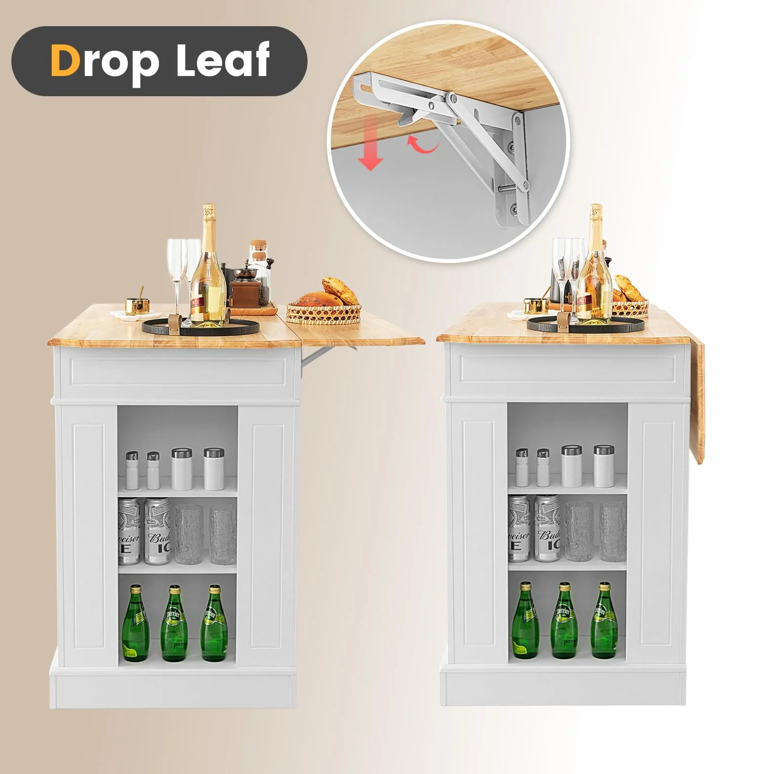 KOMFOTTEU Îlot Central Mobile avec Plan de Travail en Bois Massif, Desserte de Cuisine avec 2 Tiroirs & Étagères latérales à 3 Niveaux, Desserte de Service, 120 x 61 x 92 cm (Blanc)