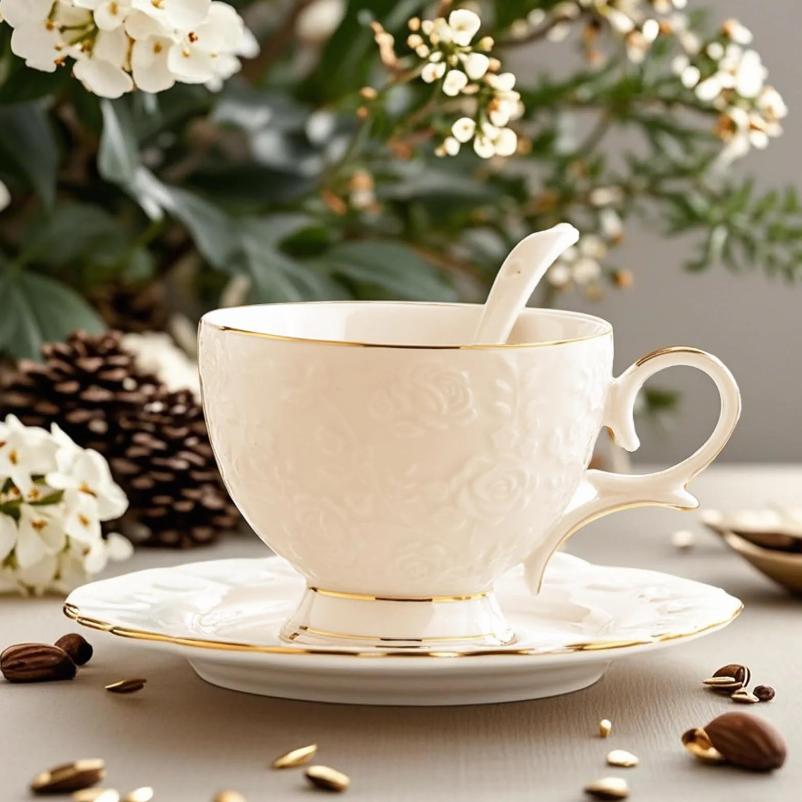 Service À Thé Vintage En Porcelaine 18 Pièces Avec Soucoupes Et Cuillères - Service À Thé Européen En Porcelaine Fine 200 Ml - Service À Café/Thé - Cadeaux Pour Femmes