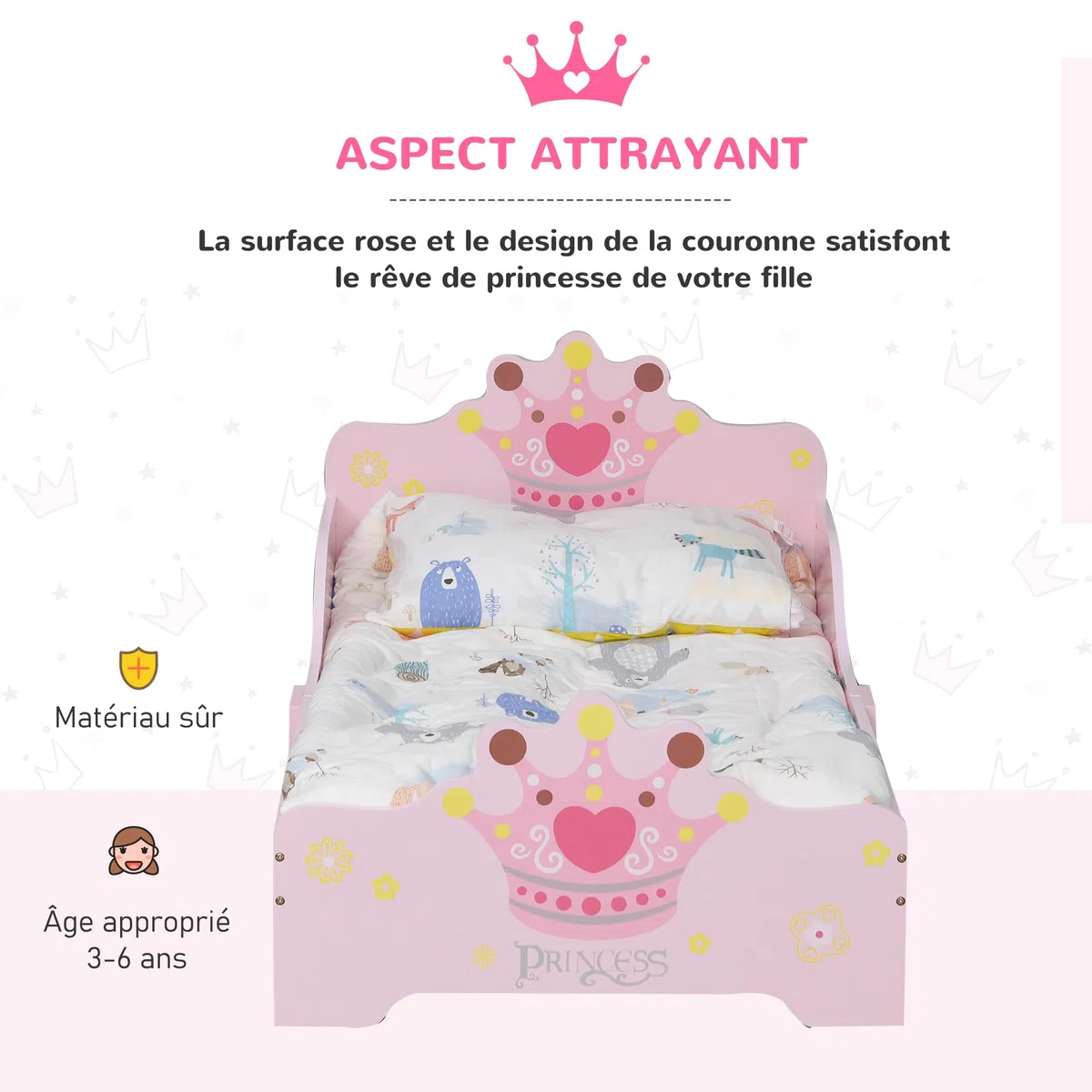 HOMCOM Lit Enfant 140 x 70 cm - lit d'enfant Design Princesse Motif Couronne - sommier à Lattes Inclus - MDF Contre-plaqué Rose