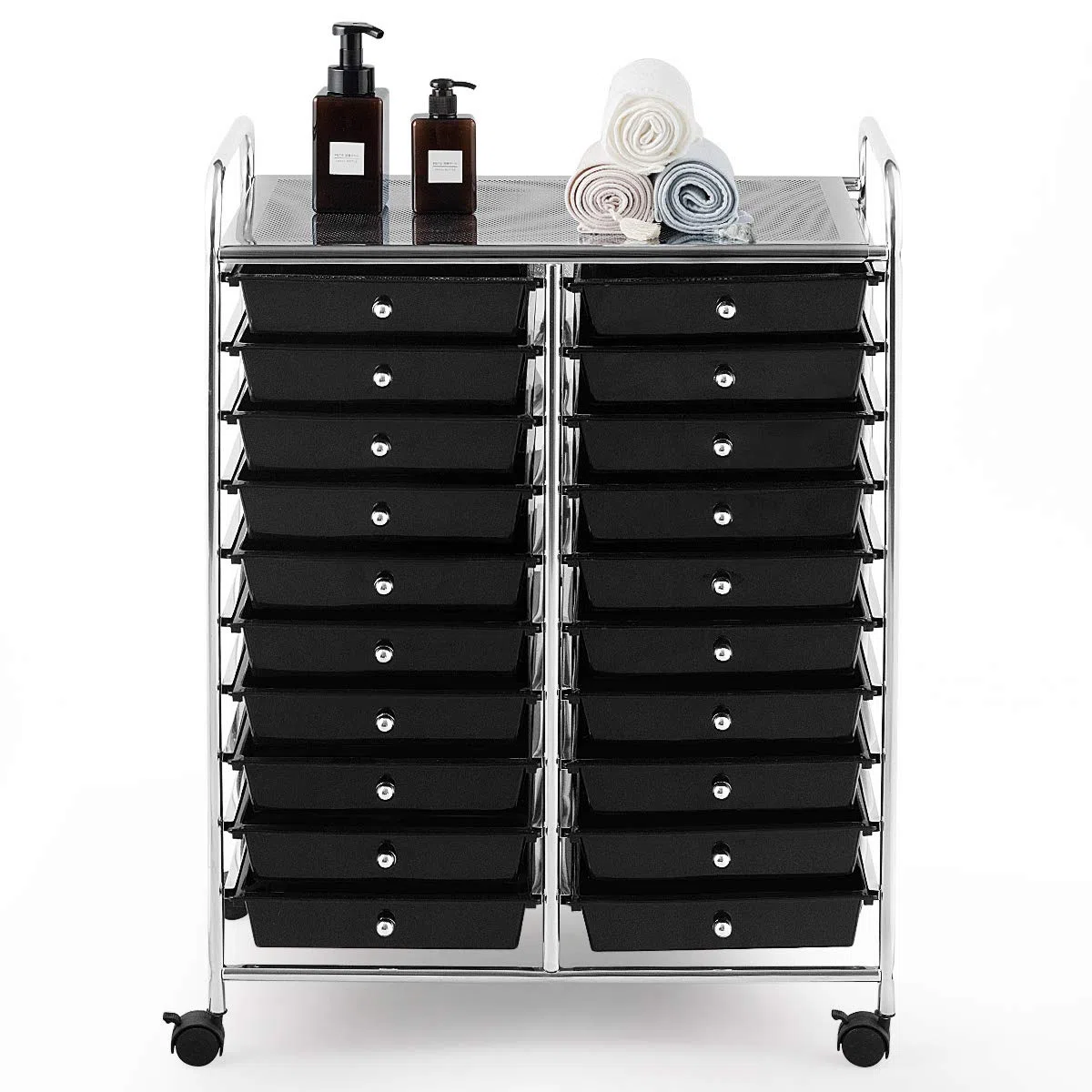 RELAX4LIFE Chariot de Rangement avec Multi-tiroirs en PP et Cadre en Métal, Rayonnage de Rangement à roulettes avec 2 Freins pour Bureau, Salon, Tour de Rangement (10 étagères avec 20 tiroirs, Noir)