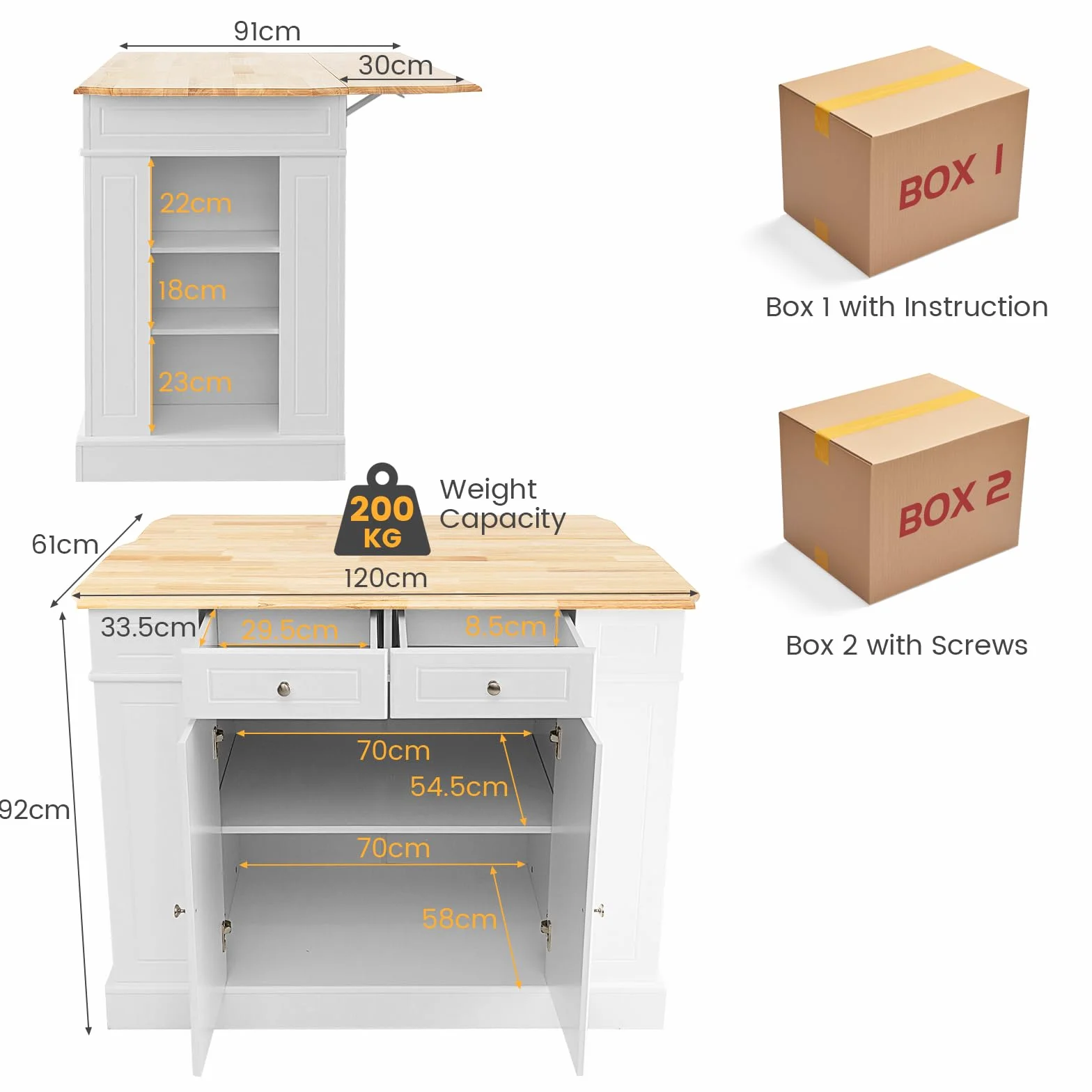 KOMFOTTEU Îlot Central Mobile avec Plan de Travail en Bois Massif, Desserte de Cuisine avec 2 Tiroirs & Étagères latérales à 3 Niveaux, Desserte de Service, 120 x 61 x 92 cm (Blanc)
