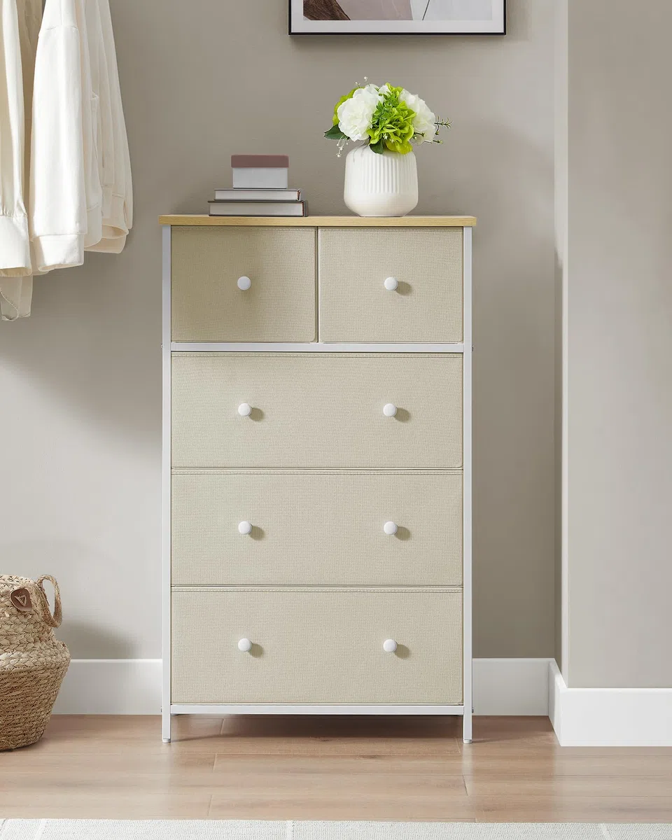 SONGMICS Commode à 5 tiroirs en Tissu pour Salon, Couloir, Chambre d'enfant, Jaune Chameau et Blanc crème LTS514W01