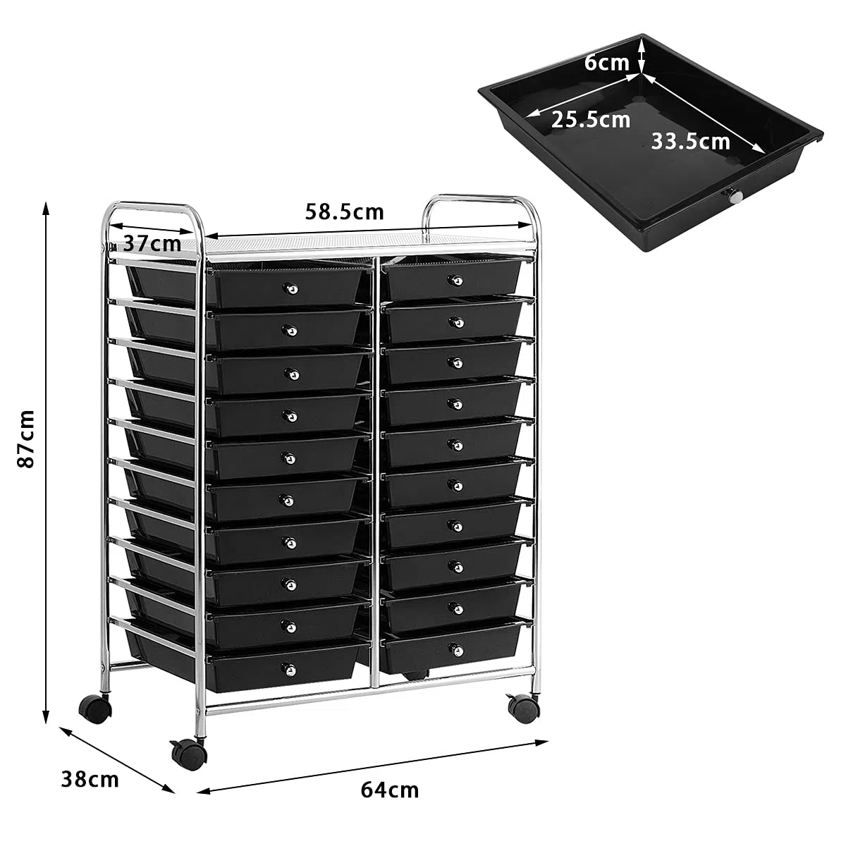 RELAX4LIFE Chariot de Rangement avec Multi-tiroirs en PP et Cadre en Métal, Rayonnage de Rangement à roulettes avec 2 Freins pour Bureau, Salon, Tour de Rangement (10 étagères avec 20 tiroirs, Noir)