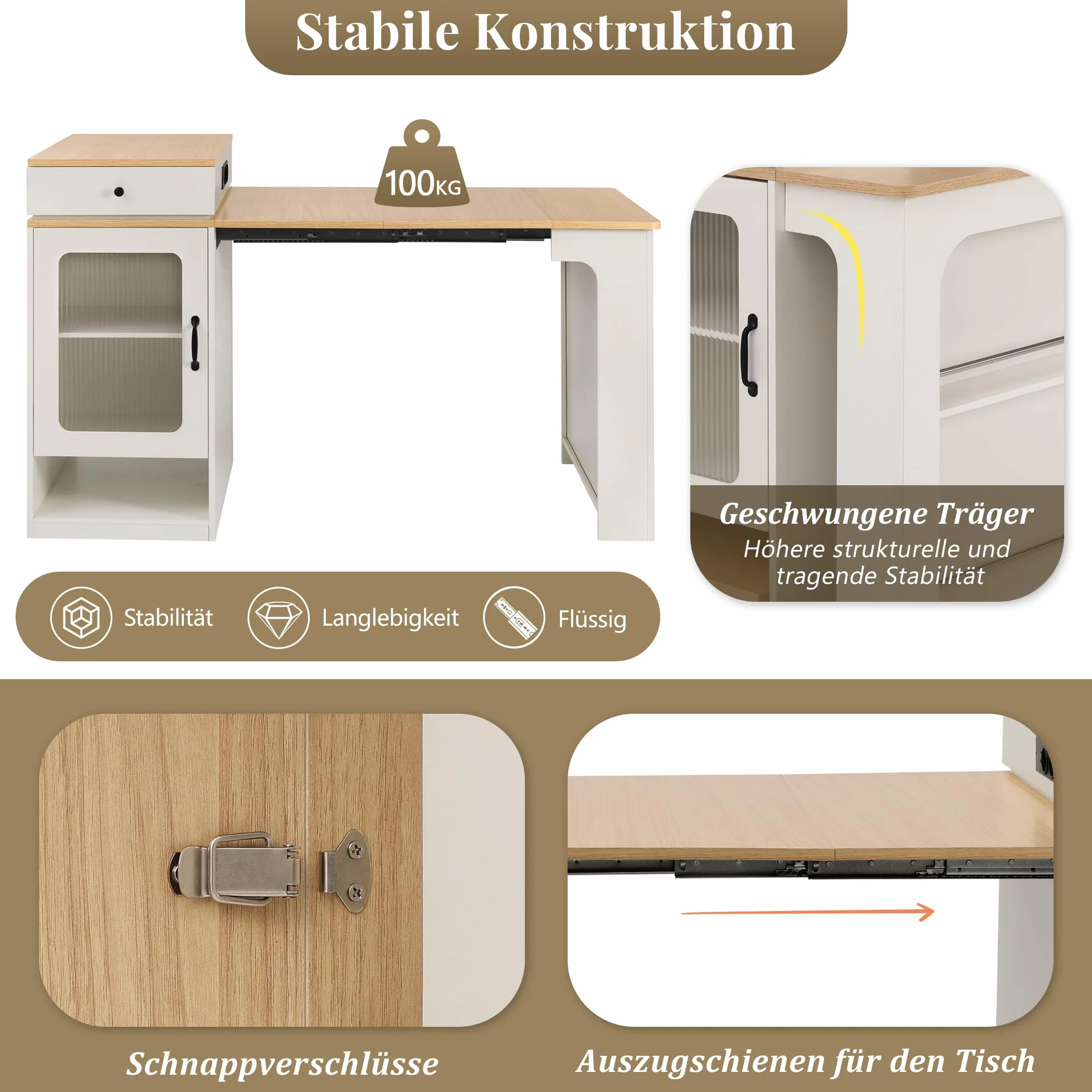Îlot de Cuisine Mobile avec Rangement, Table Extensible 2 à 4 Personnes, Îlot Central Cuisine Desserte Bar avec Prises Électriques