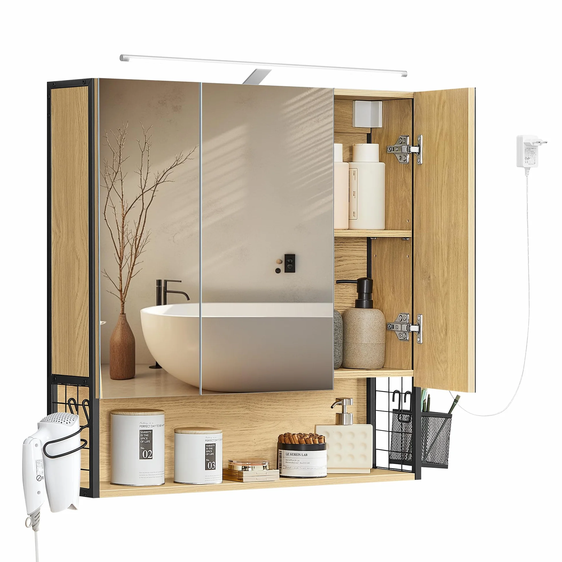 VASAGLE Armoire de Salle de Bain avec éclairage LED, 14,5 x 70 x 70 cm, Miroir 3 Portes, Meuble Mural avec Miroir, Prise, Panier, Support pour sèche-Cheveux, chêne Naturel BBK124Y01