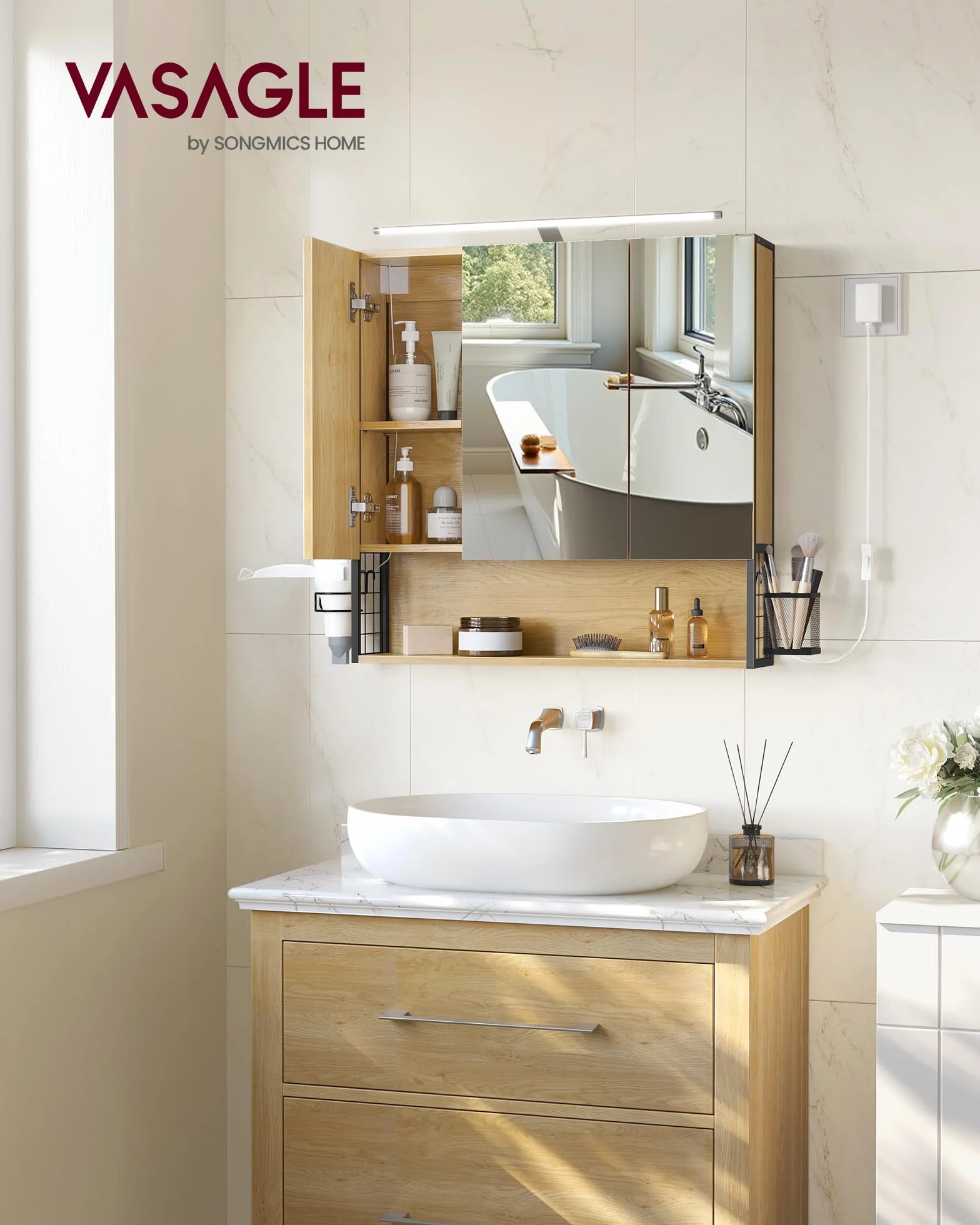 VASAGLE Armoire de Salle de Bain avec éclairage LED, 14,5 x 70 x 70 cm, Miroir 3 Portes, Meuble Mural avec Miroir, Prise, Panier, Support pour sèche-Cheveux, chêne Naturel BBK124Y01
