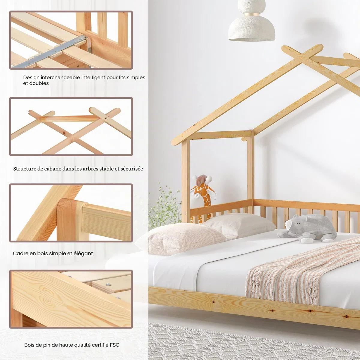 Merax Lit pour enfant 200x180cm, Lit fonctionnel avec barrière antichute et sommier à lattes, Lit de jour extensible en lit double, Lit en forme de cabane en bois pour filles et garçons, Couleur