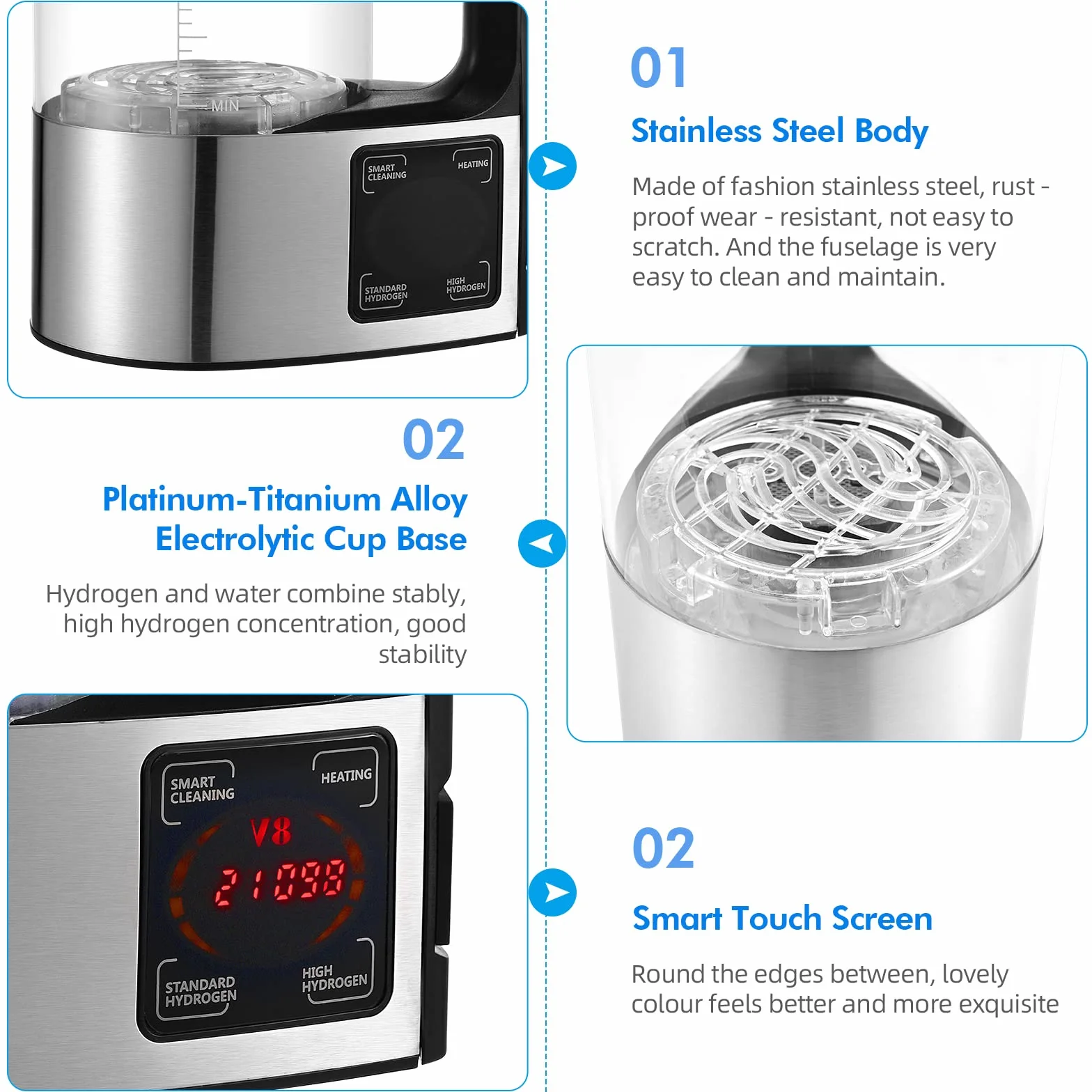 Générateur d'eau à hydrogène 2L avec technologie SPE et PEM, version améliorée Générateur d'hydrogène riche en hydrogène avec écran tactile LED et thermostat Hydrogen Water Lonizer pour la maison