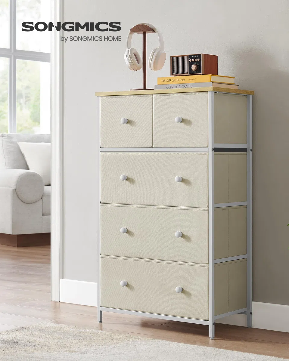 SONGMICS Commode à 5 tiroirs en Tissu pour Salon, Couloir, Chambre d'enfant, Jaune Chameau et Blanc crème LTS514W01