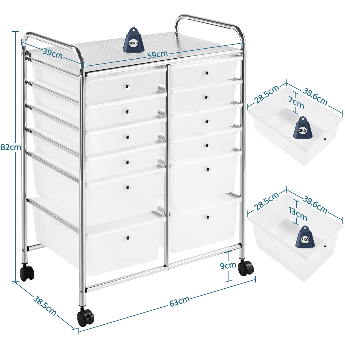 Yaheetech Chariot de Rangement Desserte à Roulettes avec 12 Tiroirs en Plastique Blanc Transparent Tour de Rangement pour Salle de Bain, Bureau, Cuisine 63 x 38.5 x 82cm