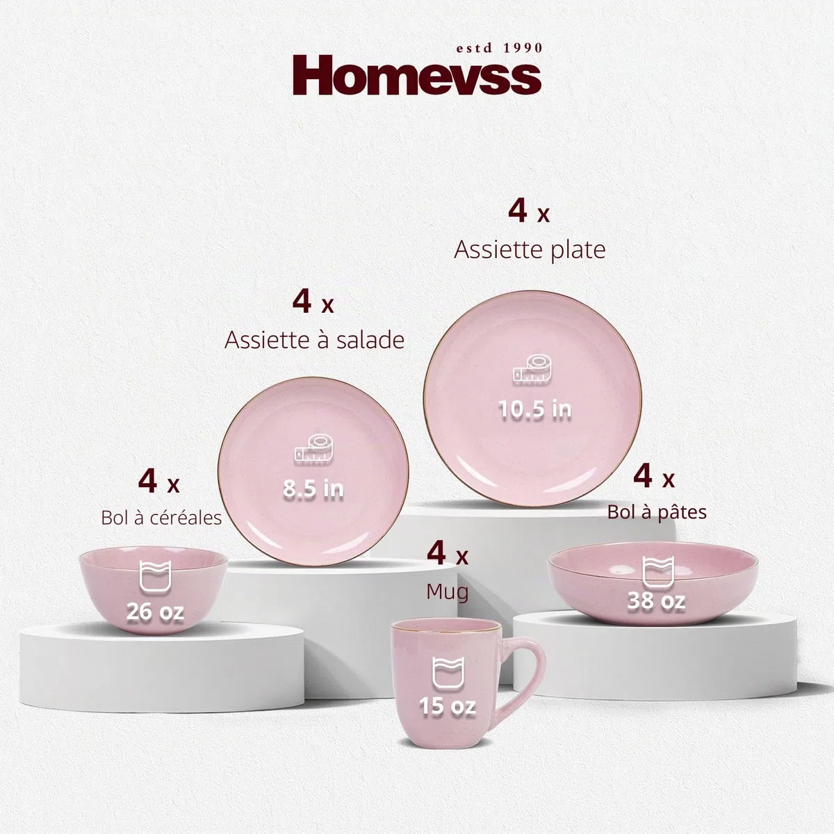 Service de table 20 pièces en grès avec bord relevable de forme nordique rose brillant avec effet moucheté