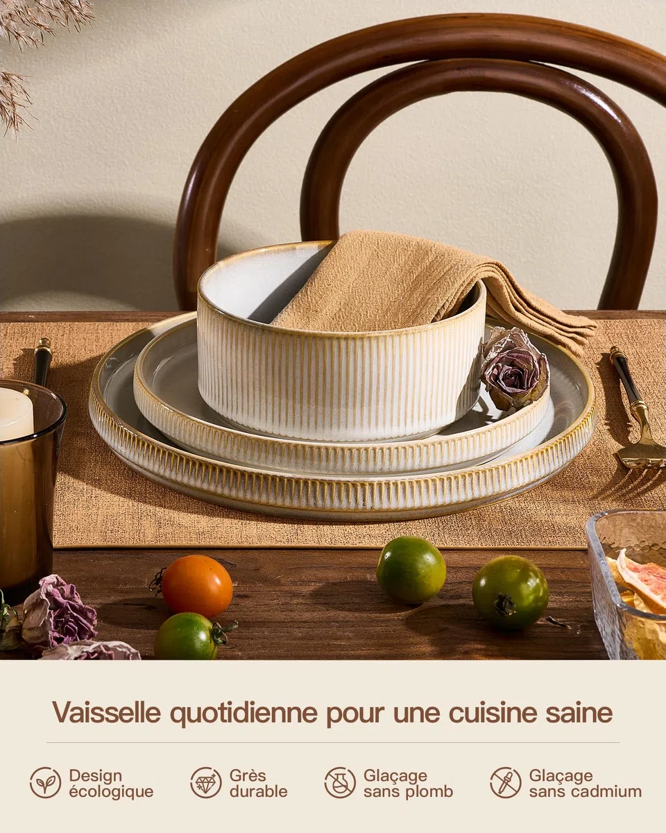 Richmount Star Set d'assiettes 12 pièces, Set de vaisselle 4 personnes, Set de vaisselle en faïence, Service de table anti-rayures, Micro-ondes & Lave-vaisselle, Cappuccino Blanc