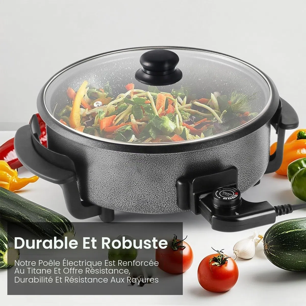 Poêle électrique de 42 cm avec couvercle, 1500W antiadhésive, Thermostat réglable pour frire, griller, faire des marmites et des pizzas lors de réunions de famille (9 cm de profondeur)