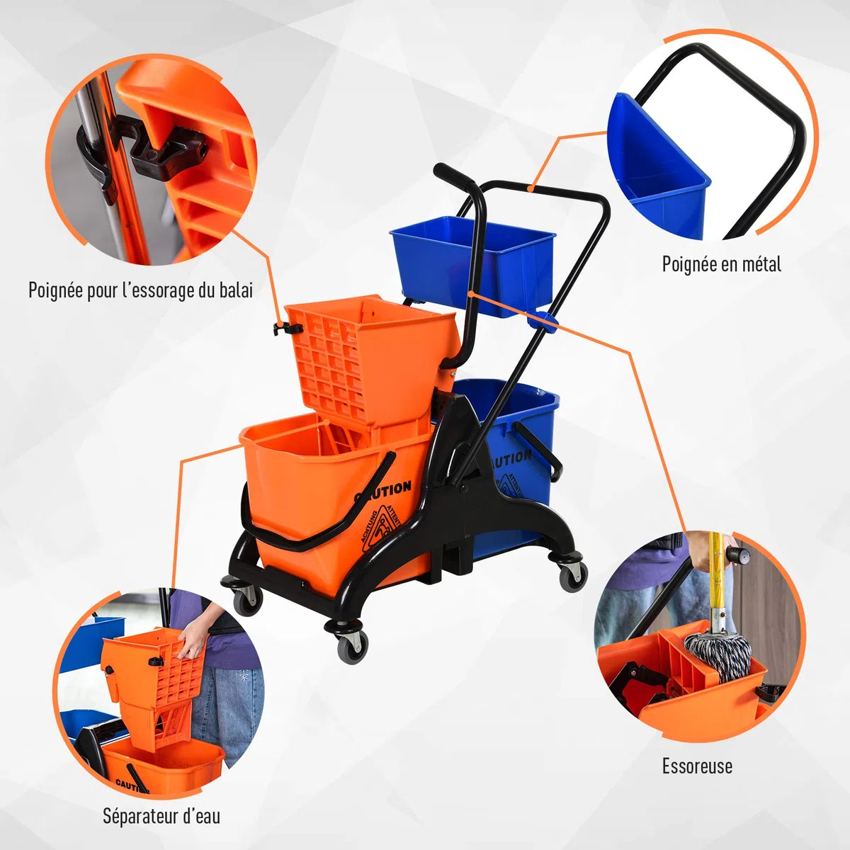 HOMCOM Chariot de ménage Chariot de Lavage Professionnel essoreuse latérale Seau 26 L + Panier de rangements 78 x 45 x 95 cm métal et Plastique Orange