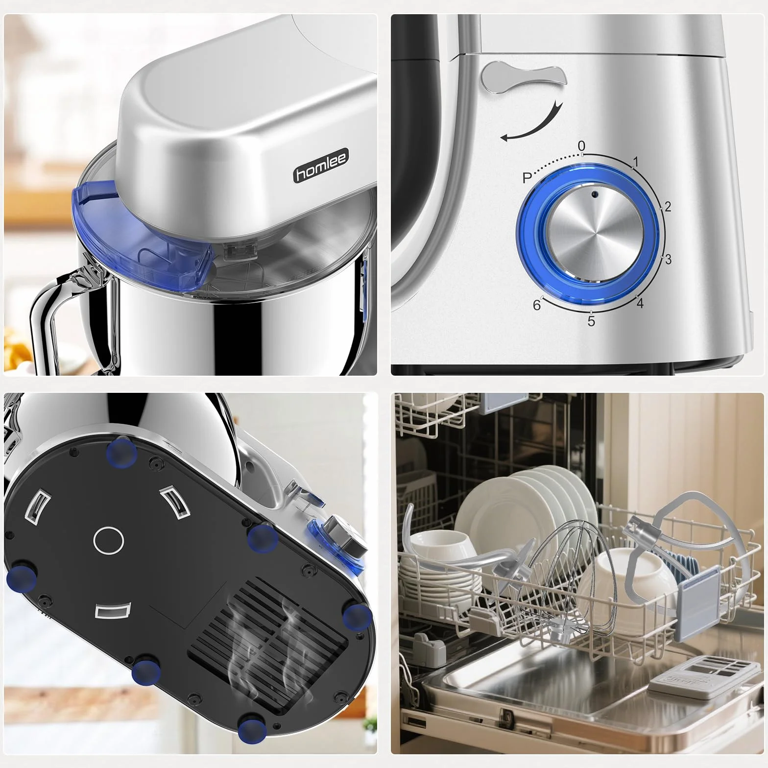 Homlee Robot Patissier,2000 W Robot Pâtissier 7.2L Robot Pétrin Professionnel,Bol Acier Inoxydable,Fouet,Batteur,Crochet,Pare-éclaboussures 6+P Vitesses
