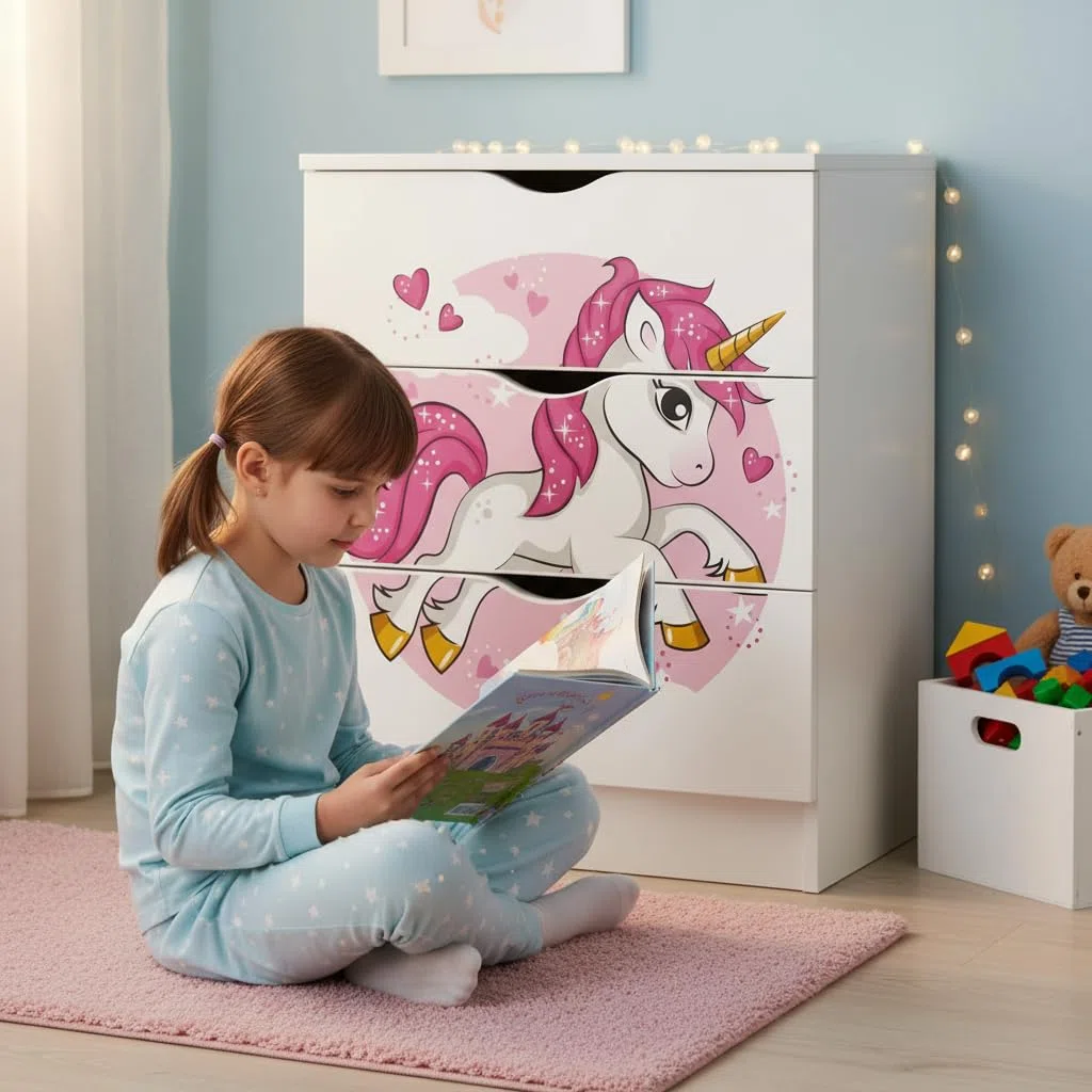 Leomark Commode en Bois avec 3 tiroirs - Roma - Meuble pour Chambre d'enfant, Meuble de Rangement, Hauteur: 78 cm, Impression UV