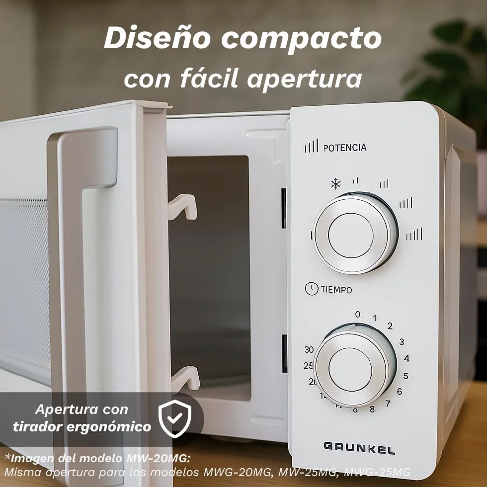 Grunkel Micro-ondes avec grill de 25 litres, 900 W + 1000 W, 5 niveaux de puissance, 3 modes combinés, minuterie 30 min, ouverture avec poignée et plateau Ø245 mm