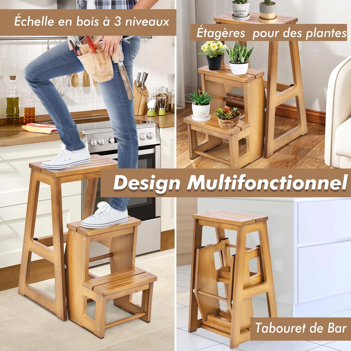GIANTEX Escabeau Tabouret en Bois,Escabeau à 3 Marches Pliable,Marche Pied Echelle Portable, Peu Encombrant,pour Cuisine Chambre (Naturel)
