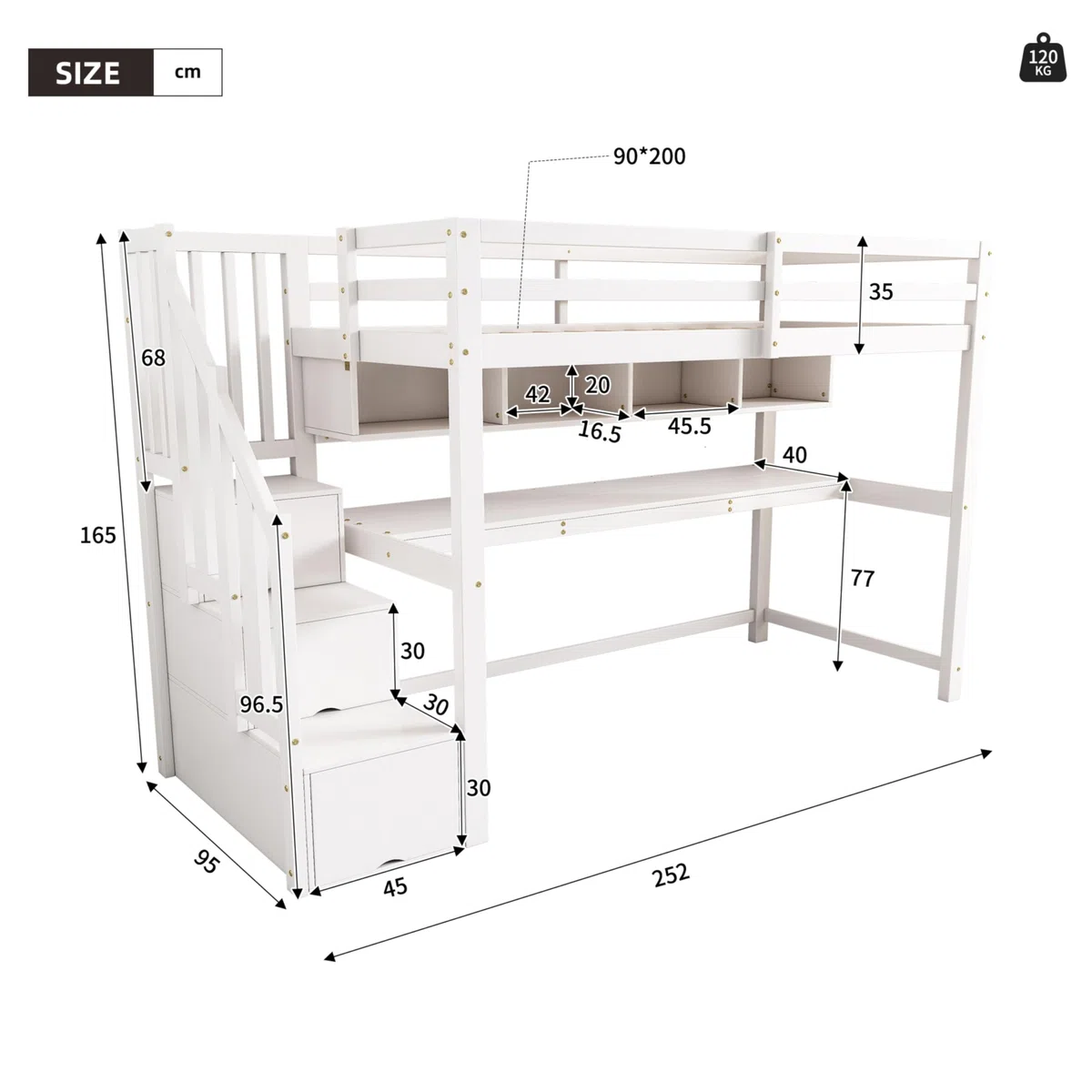 Sapgaks Lit superposé Enfant 90 x 200 avec Bureau et étagères,lit cabane Enfants 90 x 200,lit Mezzanine 1 Places avec Barriere,avec escalier de Rangement,Blanc