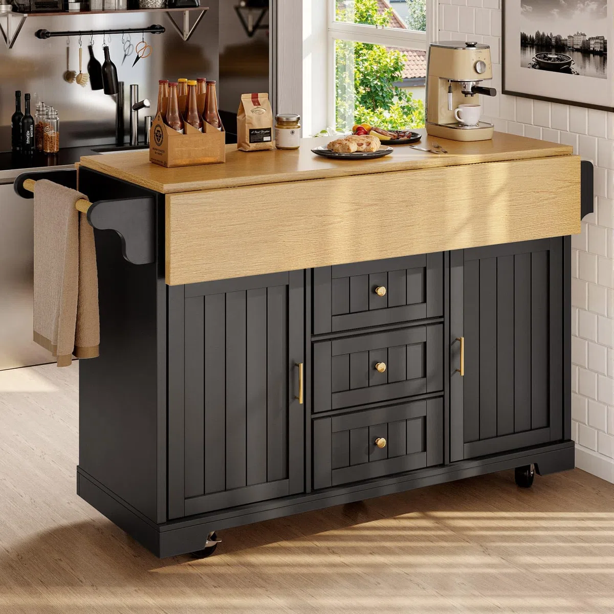 Desserte ilôt de Cuisine avec roulettes,Buffet Cuisine de Rangement avec Plateau de Table Pliable,Chariot de Repas,Buffet Mobile,3 Tiroirs et 2 Portes,142.5x40-80x95cm (Noir-E)