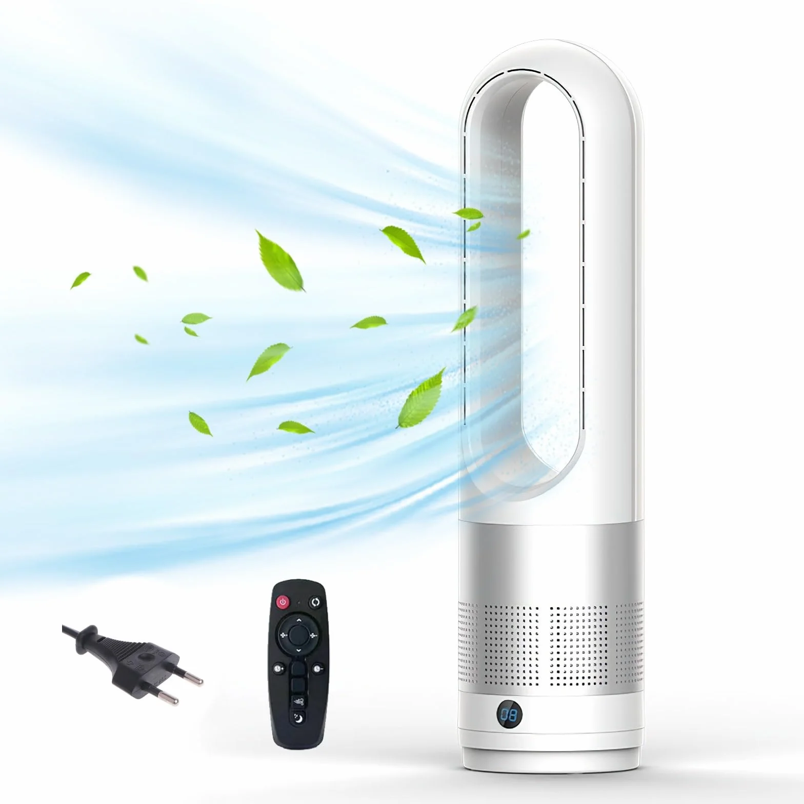 Ventilateur tour sans rotor avec purificateur d'air, 45,7 cm, silencieux, avec télécommande, 8 vitesses, oscillation à 80°, minuterie 8H, affichage LED, ventilateur sans lame pour chambre à coucher