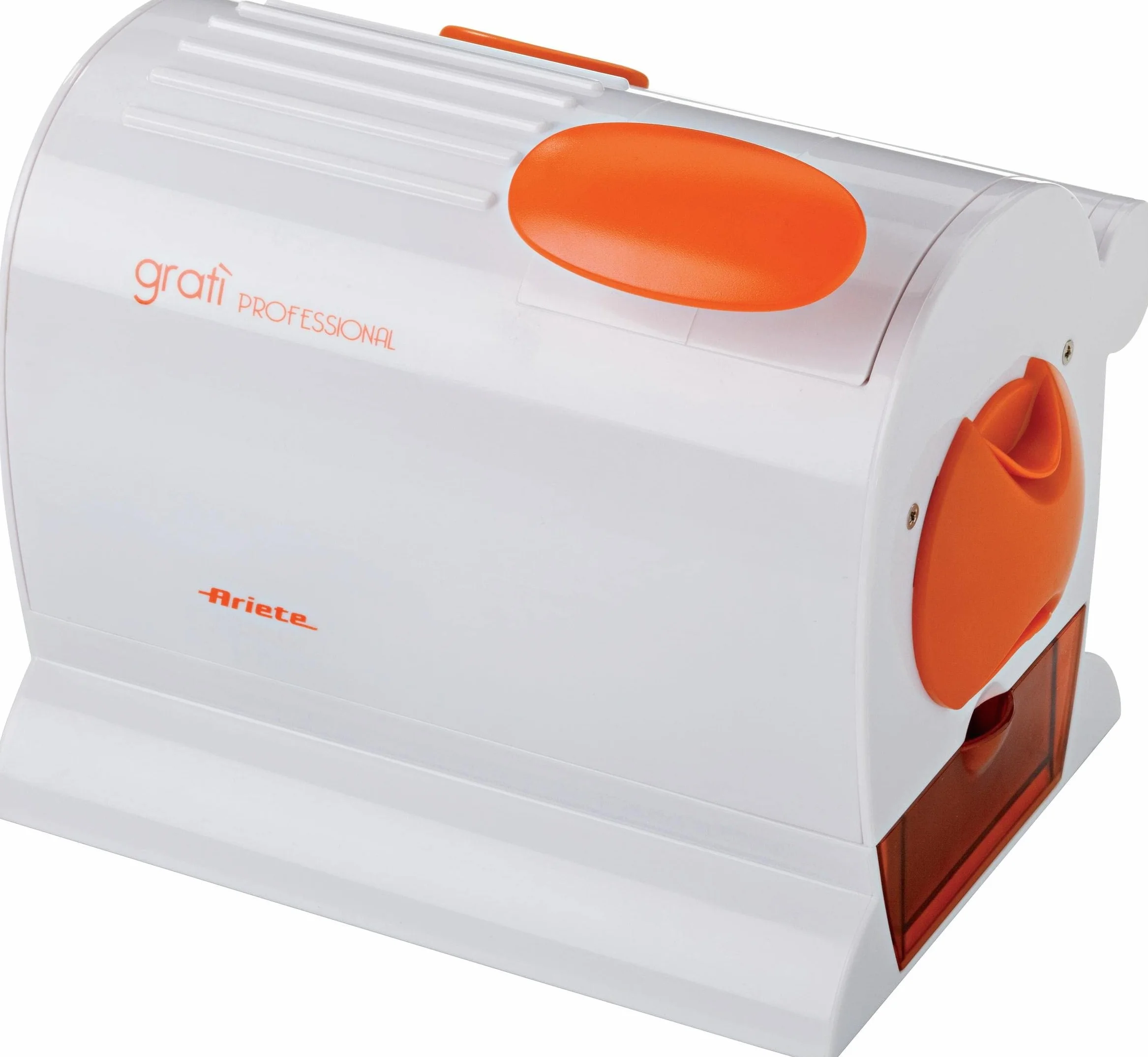 Ariete 445 Gratì Professional Râpe Électrique Professionnelle, Rouleau Extra Large en Acier Inoxydable, Récipient Extractible avec Bouchon Fraîcheur, 120 W, Blanc / Orange