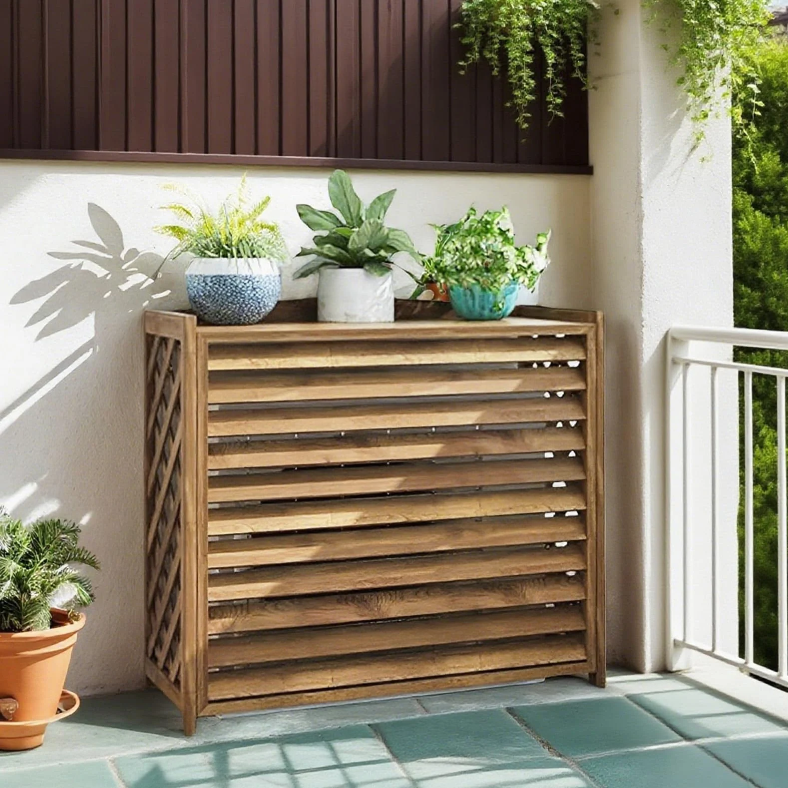 Cache Clim Extérieur Bois Massif Support De Climatiseur En Bois Cache Climatiseur Extérieur Marron Cache Pompe a Chaleur Extérieur Décoratif Clôture Privée Pour Cacher La Climatisatio(86x35x80cm)