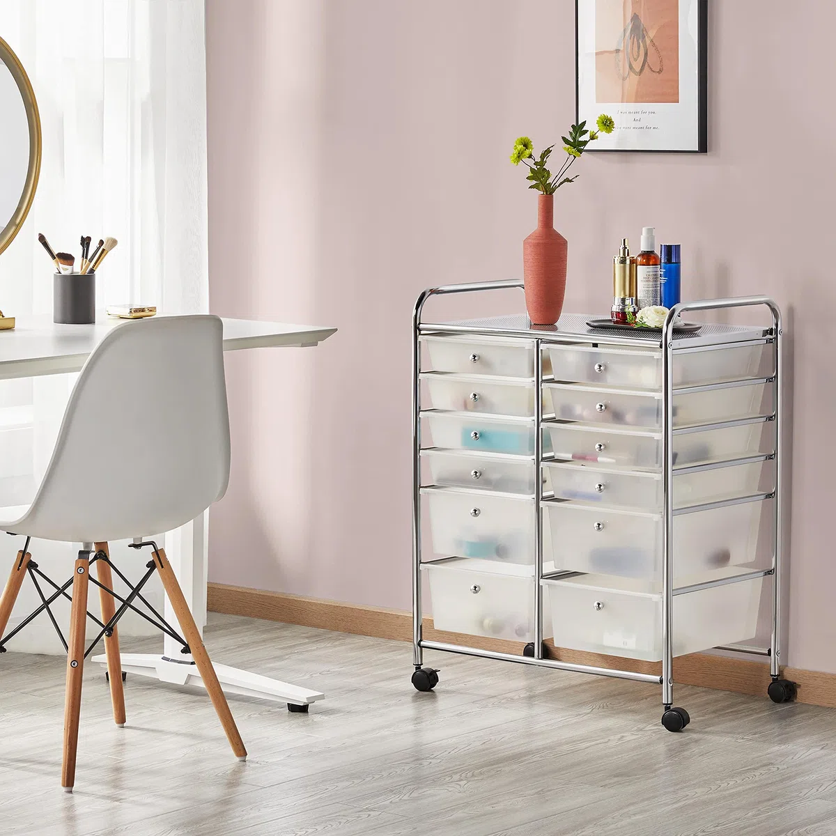 Yaheetech Chariot de Rangement Desserte à Roulettes avec 12 Tiroirs en Plastique Blanc Transparent Tour de Rangement pour Salle de Bain, Bureau, Cuisine 63 x 38.5 x 82cm