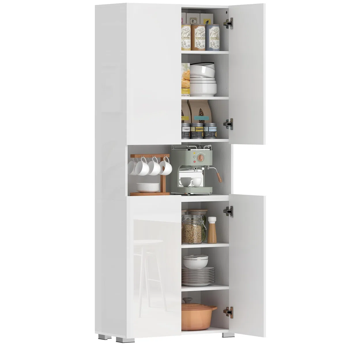 HOMCOM Armoire de cuisine haute avec compartiment ouvert, 4 portes, étagères réglables, buffet avec fonction de fermeture amortie, armoire polyvalente pour salle à manger, blanc brillant, 68 x 34 x