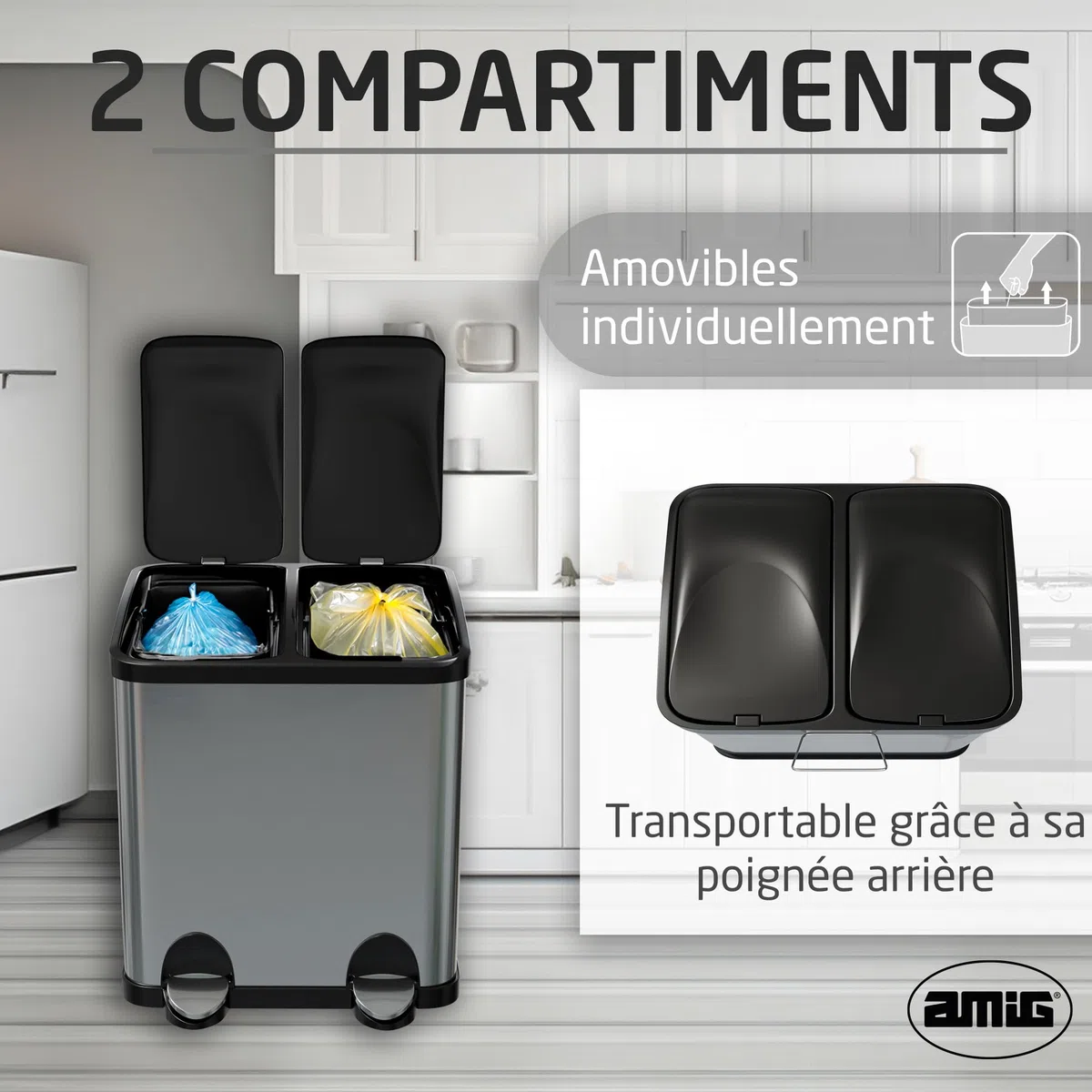 Amig - Poubelle de Recyclage Double avec Pédales Mod. RECIK2 - Poubelle Anti-traces pour Cuisine - Acier Inoxydable - 2 Compartiments x 15 L - 48 x 32 x 40 cm - Argenté