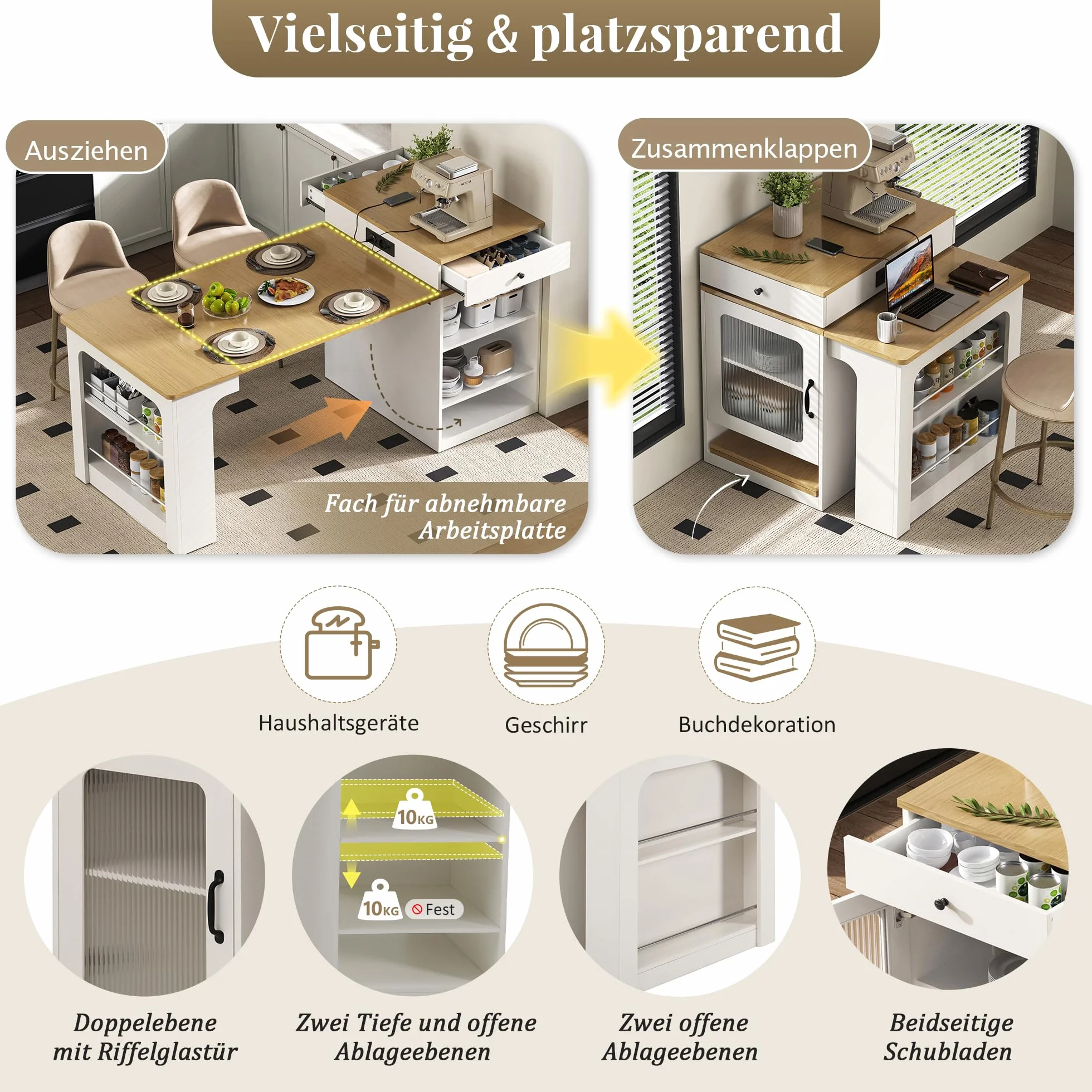 Îlot de Cuisine Mobile avec Rangement, Table Extensible 2 à 4 Personnes, Îlot Central Cuisine Desserte Bar avec Prises Électriques