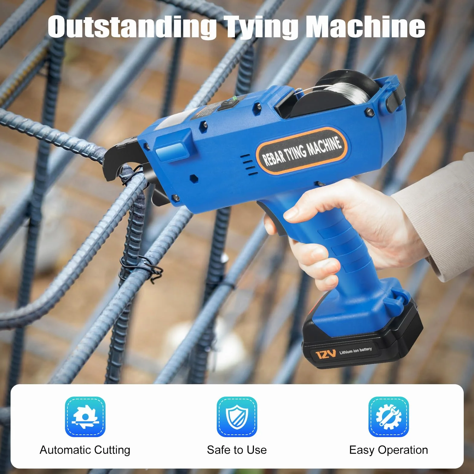 Rebar Machine à relier électrique avec boîte de rangement 12 V Connecteur d'armature pour tige en acier 8-34 mm Machine à relier automatique avec 2 batteries 4,0 Ah et chargeur