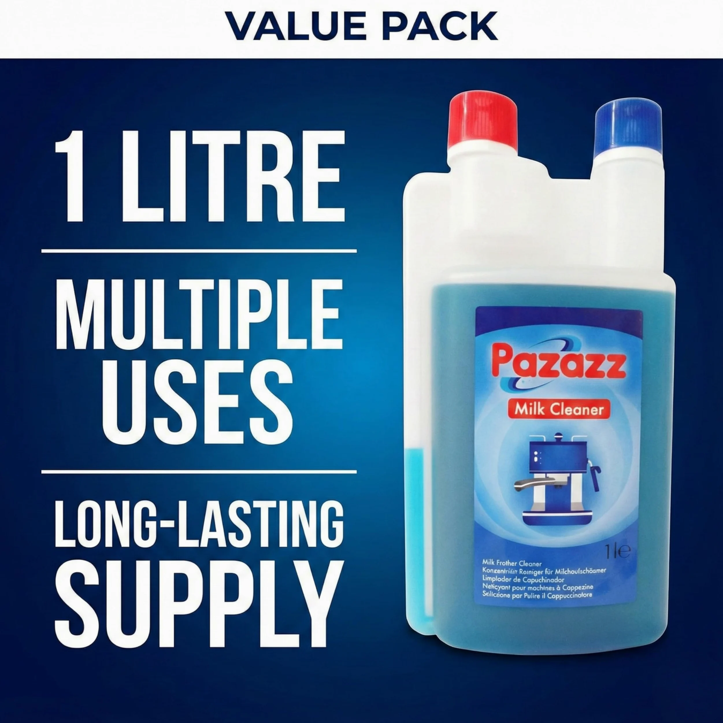 PAZAZZ Nettoyant pour Mousseurs à Lait – Détergent Liquide pour Machines à Café et Espresso – Élimine les Résidus de Lait – Usage Domestique et Professionnel – 1000ml – Lot de 12