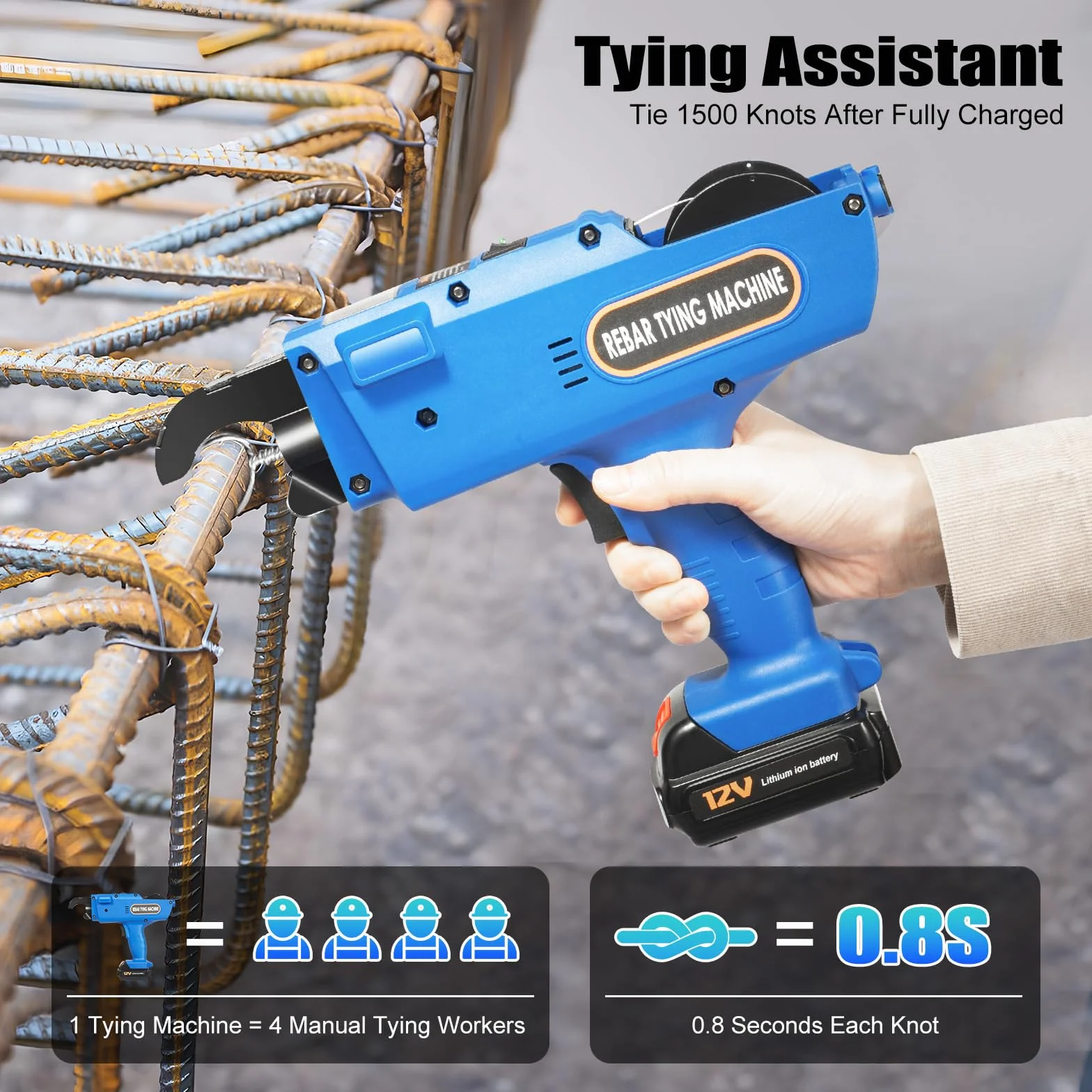 Rebar Machine à relier électrique avec boîte de rangement 12 V Connecteur d'armature pour tige en acier 8-34 mm Machine à relier automatique avec 2 batteries 4,0 Ah et chargeur