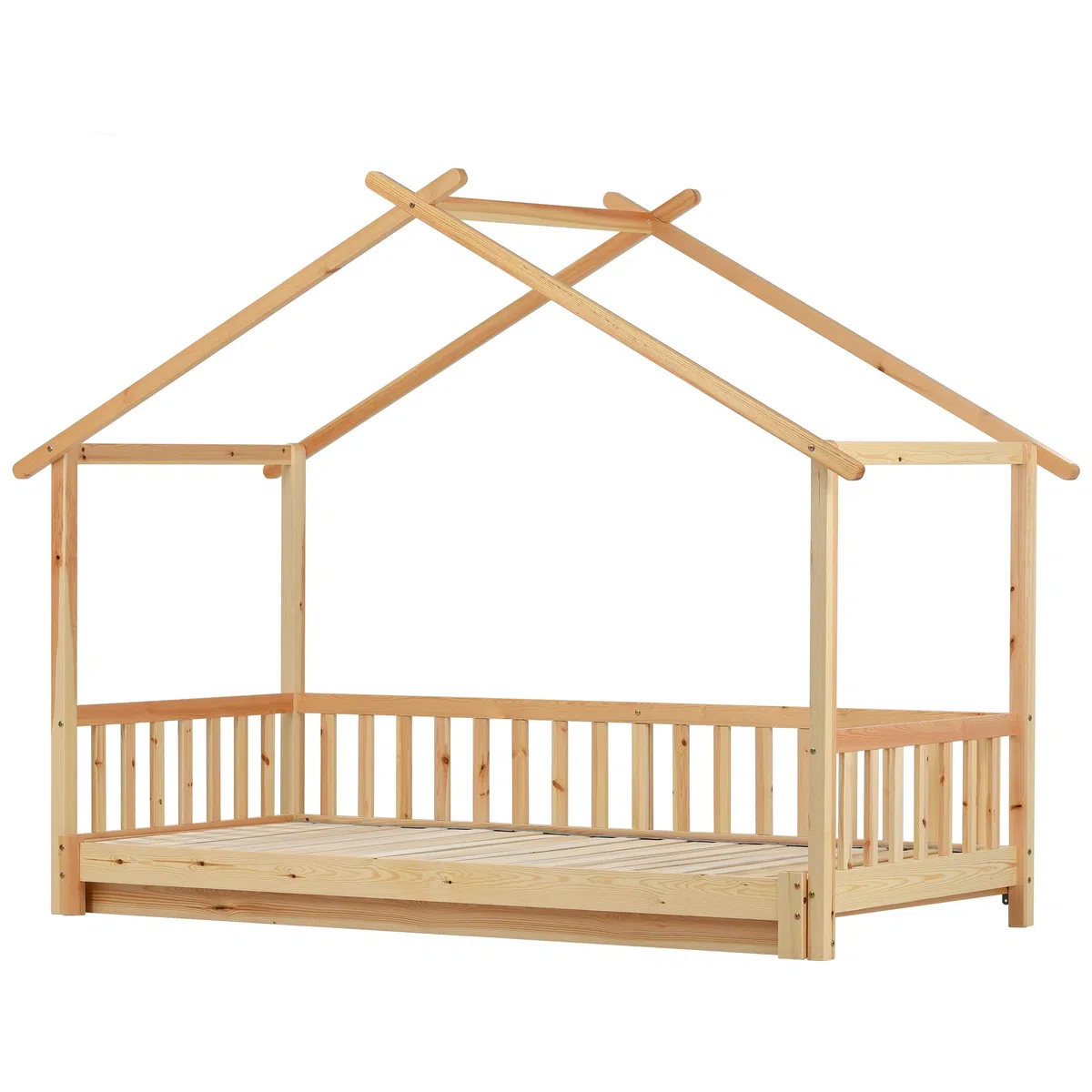 Merax Lit pour enfant 200x180cm, Lit fonctionnel avec barrière antichute et sommier à lattes, Lit de jour extensible en lit double, Lit en forme de cabane en bois pour filles et garçons, Couleur
