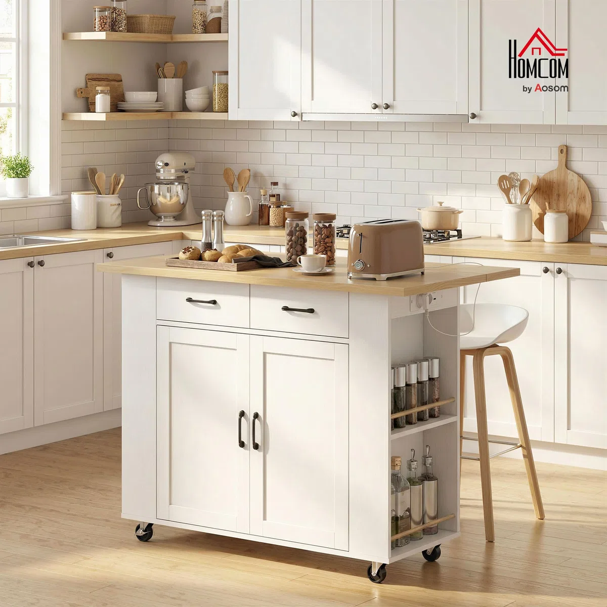HOMCOM Îlot de Cuisine avec Station de Charge, Chariot de Cuisine à roulettes avec Plan de Travail Rabattable, Racks à Épices, 2 Tiroirs et Étagère Réglable, pour Cuisine et Salle à Manger, Blanc