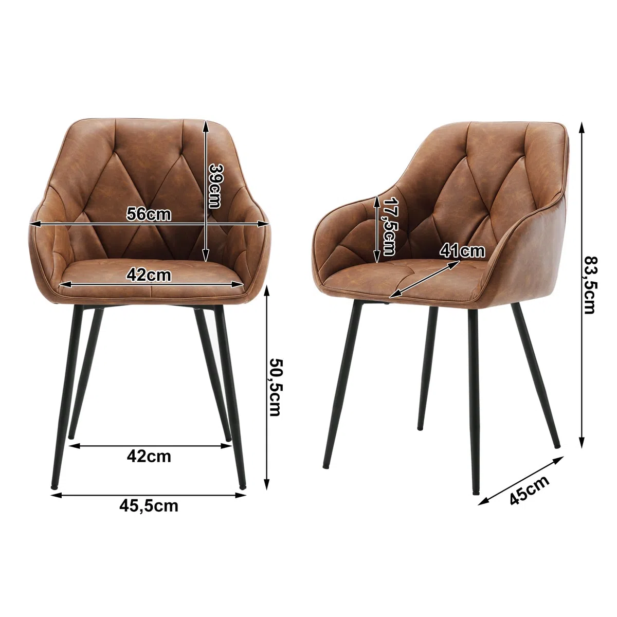WOLTU Lot de 6 Chaises de Salle à Manger, Chaises de Cuisine Rembourrées avec Dossier, Accoudoirs, Pieds en Métal, pour Salon, Bureau, Coiffeuse, en Simili Cuir Vintage, Marron.