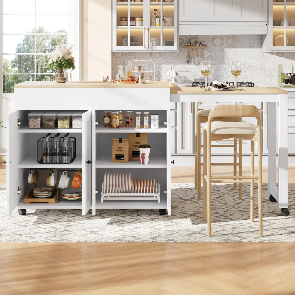 Îlot Central Cuisine avec Plan de Travail Extensible 117-180x50x94 cm, Table de Bar avec Rangement, Modèle Télescopique, Buffet et Séparateur de Pièce avec 6 Compartiments, Blanc