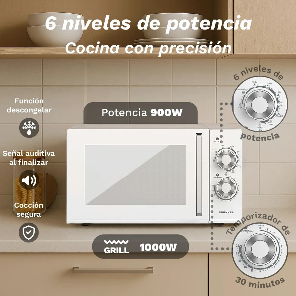 Grunkel Micro-ondes avec grill de 25 litres, 900 W + 1000 W, 5 niveaux de puissance, 3 modes combinés, minuterie 30 min, ouverture avec poignée et plateau Ø245 mm