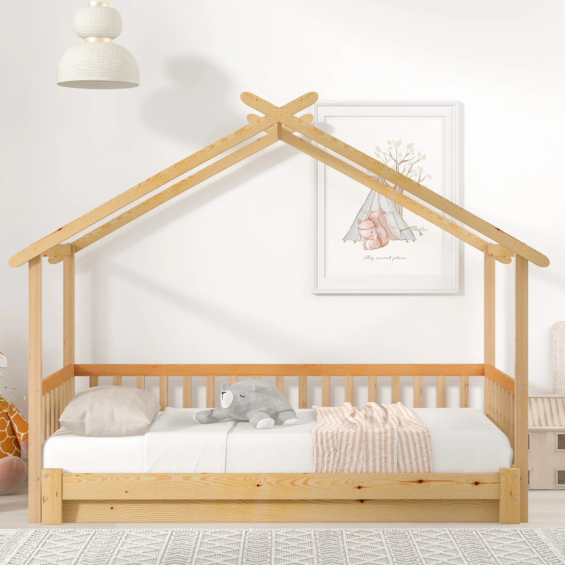 Merax Lit pour enfant 200x180cm, Lit fonctionnel avec barrière antichute et sommier à lattes, Lit de jour extensible en lit double, Lit en forme de cabane en bois pour filles et garçons, Couleur