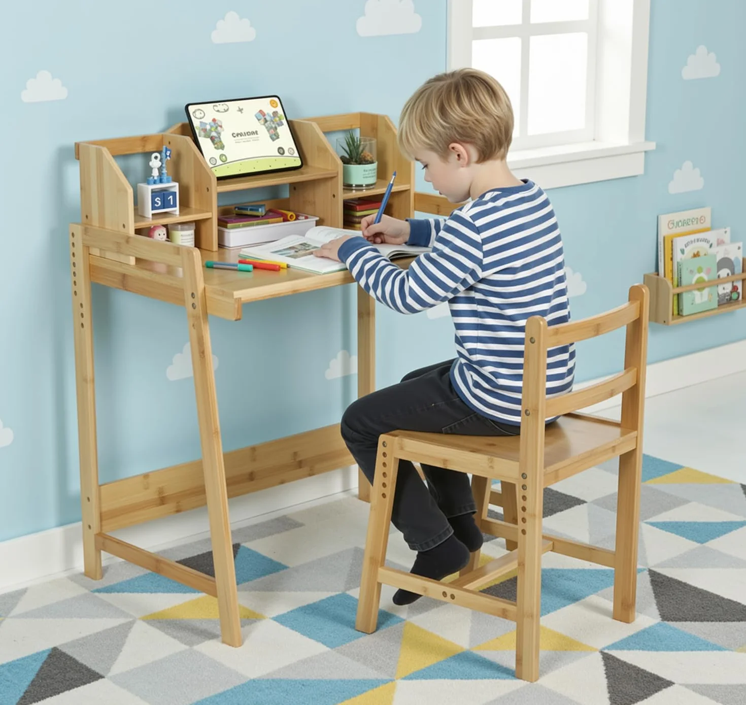 MAMIZO Bureau Enfant en Bambou, Ensemble Chaise Réglable, Support de Livre, Table pour l'Étude et le Travail, Couleur du Bois