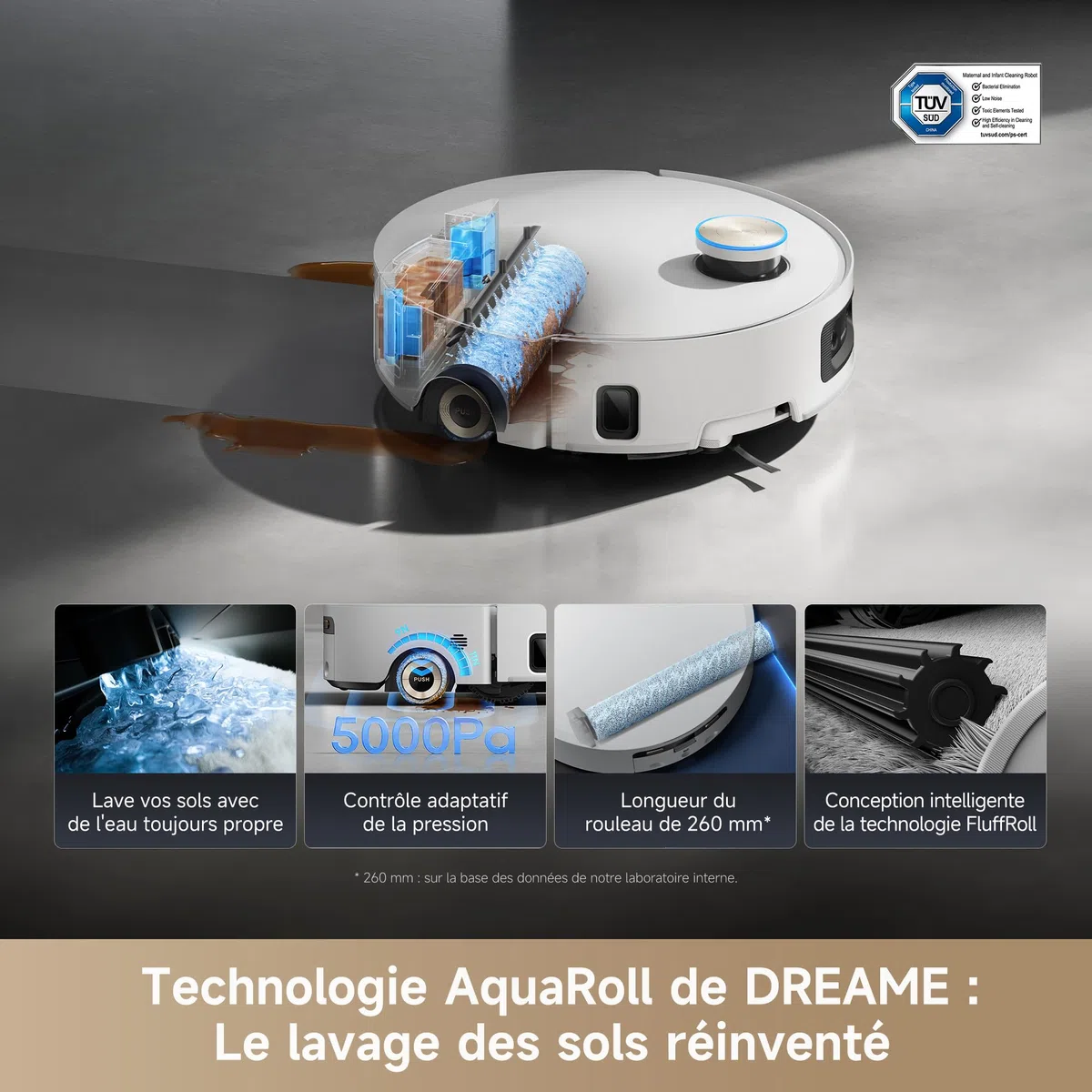 dreame Aqua10 Ultra Roller Complete Robot Aspirateur, Nettoyage Automatique du Rouleau, Aspiration de 30 000 Pa, Évitement d'obstacles de 8 cm, Vidage Automatique, Commande Vocale Intelligente, Blanc