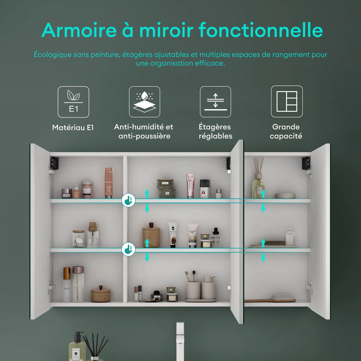 Mai & Mai Armoire Suspendue de Salle de Bain avec Miroir Armoire de Toilette Meuble Murale Miroir avec 3 Portes 120x15x70 cm Blanc Mat SpiegelSR-02