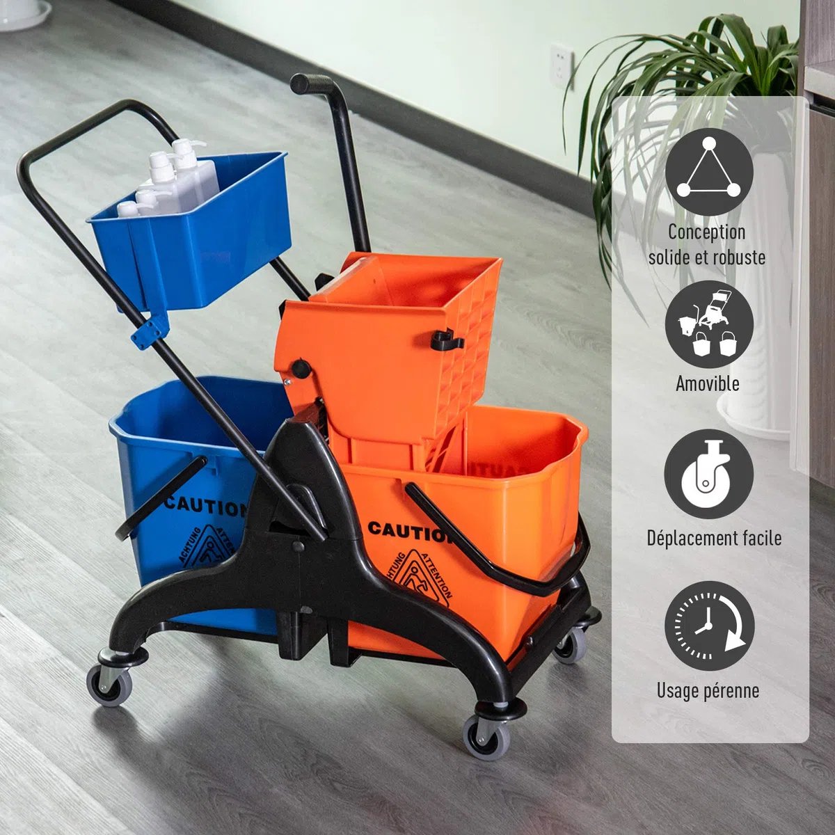 HOMCOM Chariot de ménage Chariot de Lavage Professionnel essoreuse latérale Seau 26 L + Panier de rangements 78 x 45 x 95 cm métal et Plastique Orange