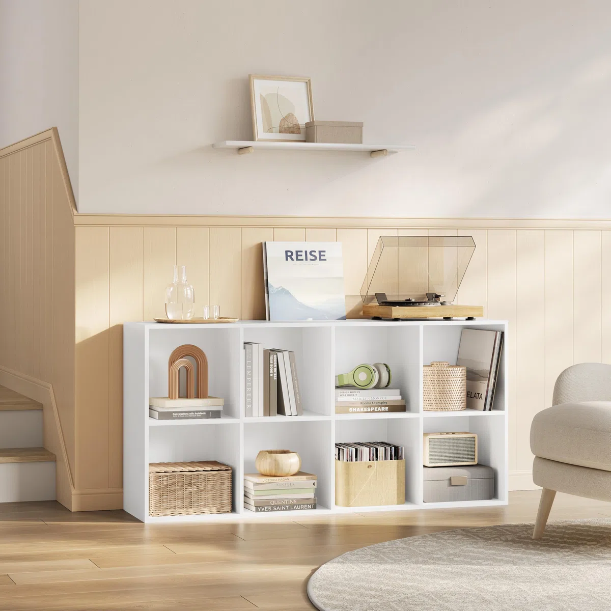WOLTU Bibliothèque, Étagère de 8 Casiers, pour Salon, Bureau, 60x29,5x121cm en Panneaux de Particules, Blanc,SK002ws4