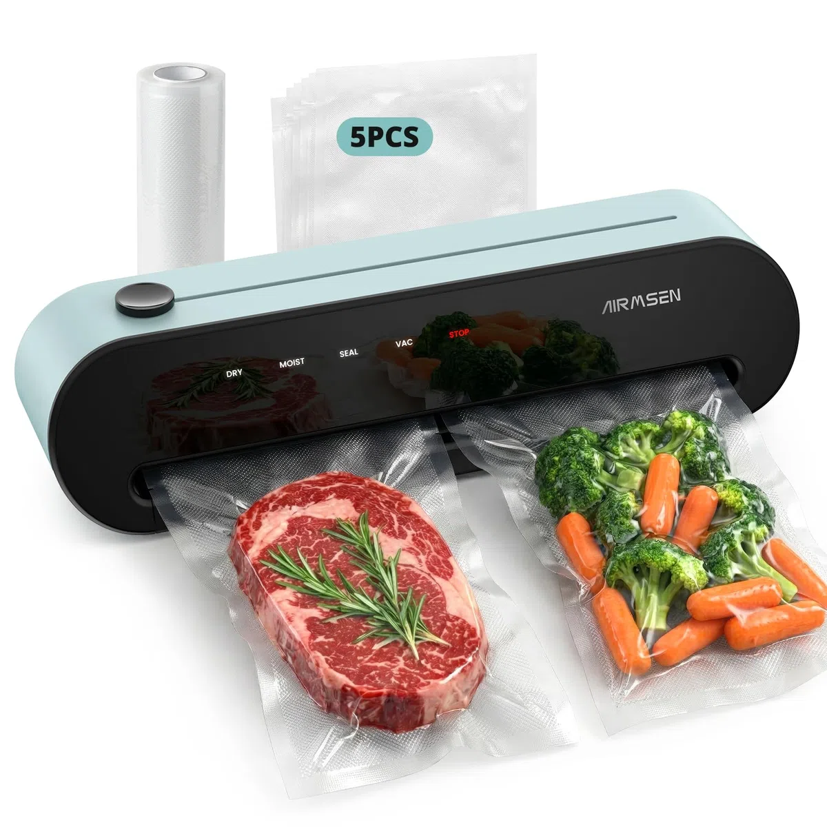 AIRMSEN Machine sous Vide 6-en-1 Entièrement Automatique avec Fonction de Gonflage, Aspiration Profonde Automatique, Coupe-sac Intégré et Rangement de Tuyau, Modes Sec & Humide, Vert Menthe