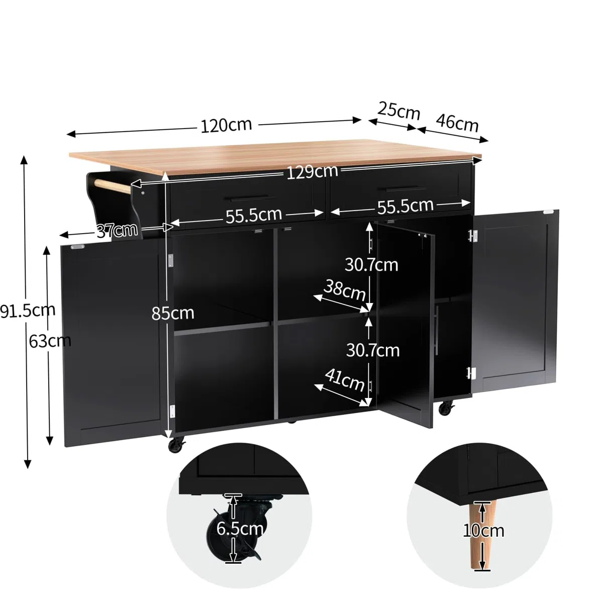 PUGSDRLY Desserte de Cuisine à roulettes,Buffet Meuble,îlot de Cuisine avec Plateau de Table Pliable,2 Tiroirs et 3 Portes,Roulette ou Pieds en Bois Massif (Noir-C)